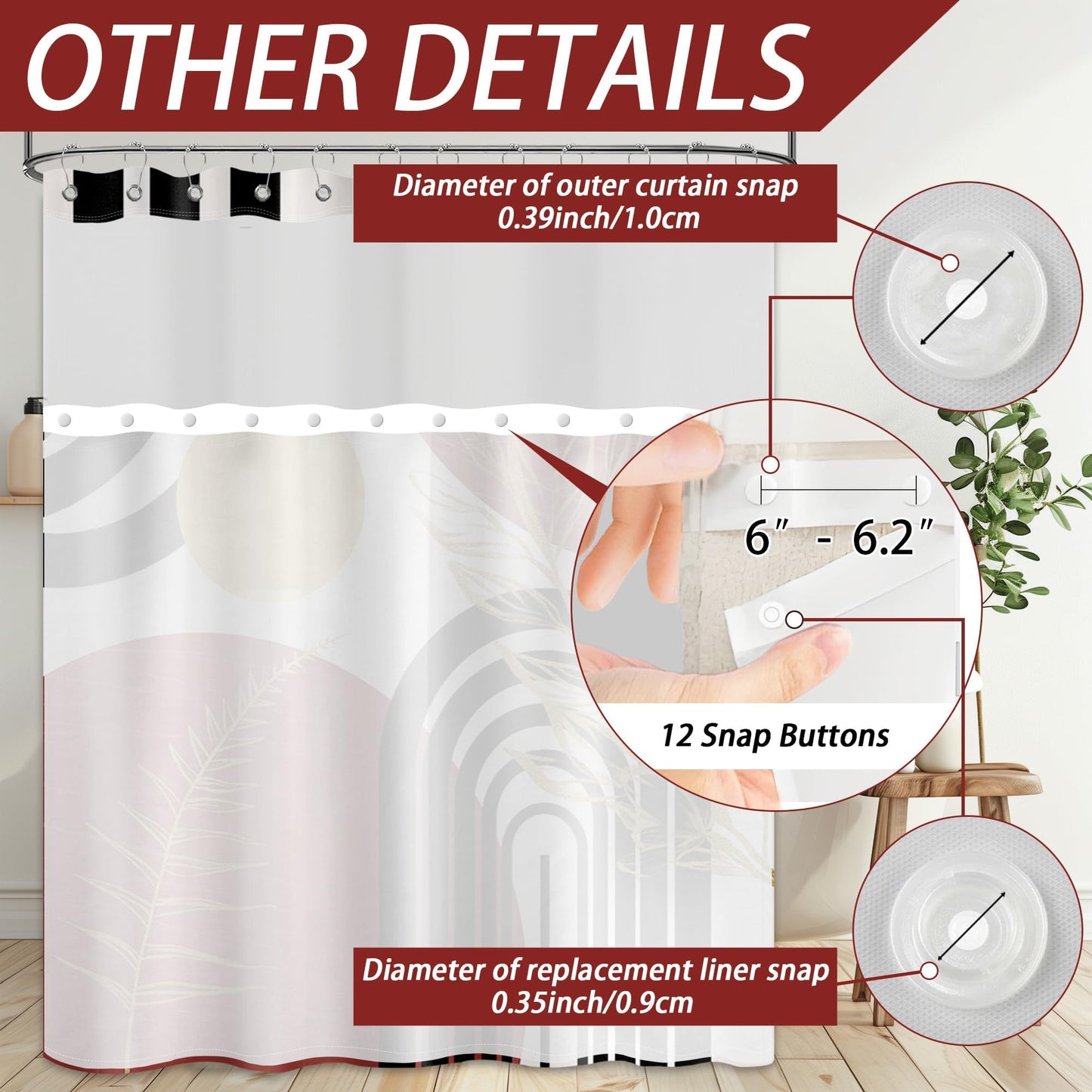 Bxpaitx Black and Red Boho See Through Mesh Top Shower Curtain with Window, Dark Red Mid Century Modern Mens Double Layer Shower Curtains with Snap in Liner, Waterproof Fabric with Hooks, 71x72 in