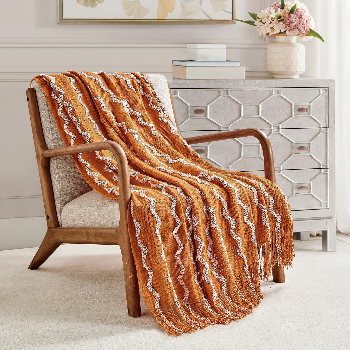 BOURINA Fluffy Chenille Knitted Fringe Throw Blanket Lightweight Soft Cozy for Bed Sofa Chair Throw Blankets, Orange 50" x 60"
