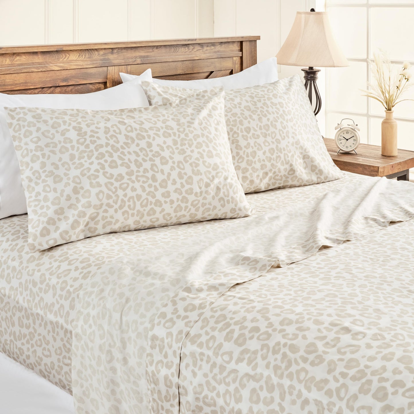 Elegant Cotton 100% Pure Organic Cotton Sheets Set King Size - Leopard Beige Pattern Print Super Soft Sheet - 4 Piece Set - Fitted Sheet, Flat Sheet & 2 Pillow Covers - King