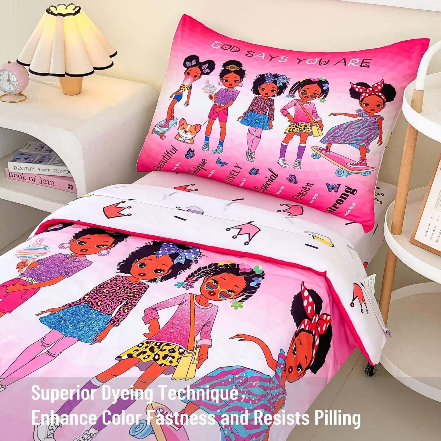 GRAT TIOC 4-Piece Toddler Bedding Set for Girls - Black Girl Magic Comforter Set Includes Comforter, Flat Sheet, Fitted Sheet, Pillowcase