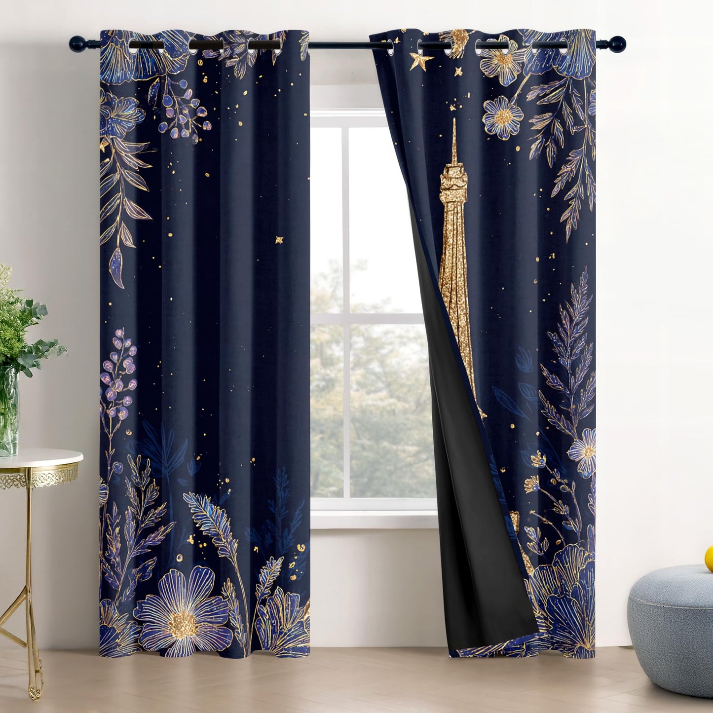 Solvivae Eiffel Tower Curtains 63 Inch Length, Paris Eiffel Tower Floral Blackout Curtains for Bedroom Living Room, Room Darkening Thermal Insulated Grommet Drapes, Patterned Window Treatments