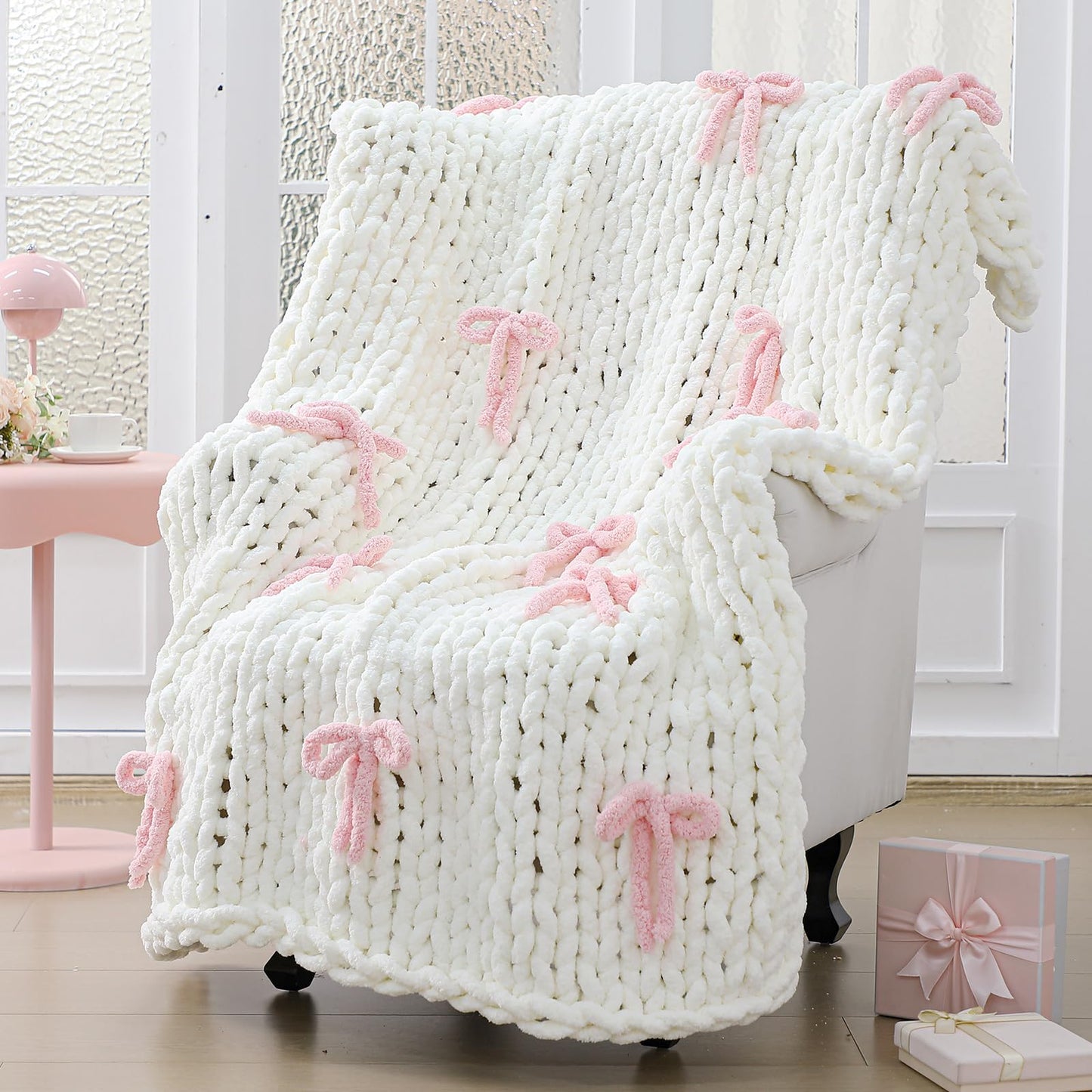 Mindsoft Pink Bow Chunky Knit Blanket Throw Large 50" X 60" 100% Handmade Cream Chenille Loop Yarn Fluffy Soft Knitted Throw Big Cozy Thick Cable Knit Crochet Blanket for Couch Sofa Bed