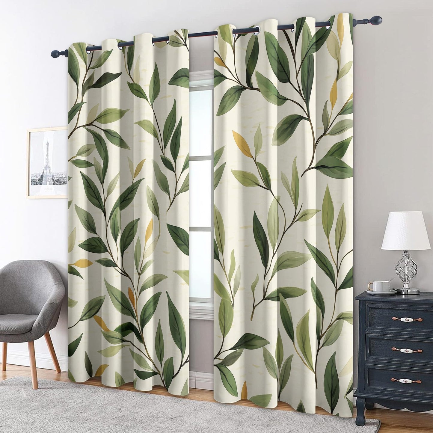 MOBEITI Green Leaf Curtains for Bedroom - Botanical Blackout Curtains for Bedroom Living Room, Leaves Window Curtain, Leaf Home Decor Curtain, Drapes 63 Inches Long 2 Panels Set