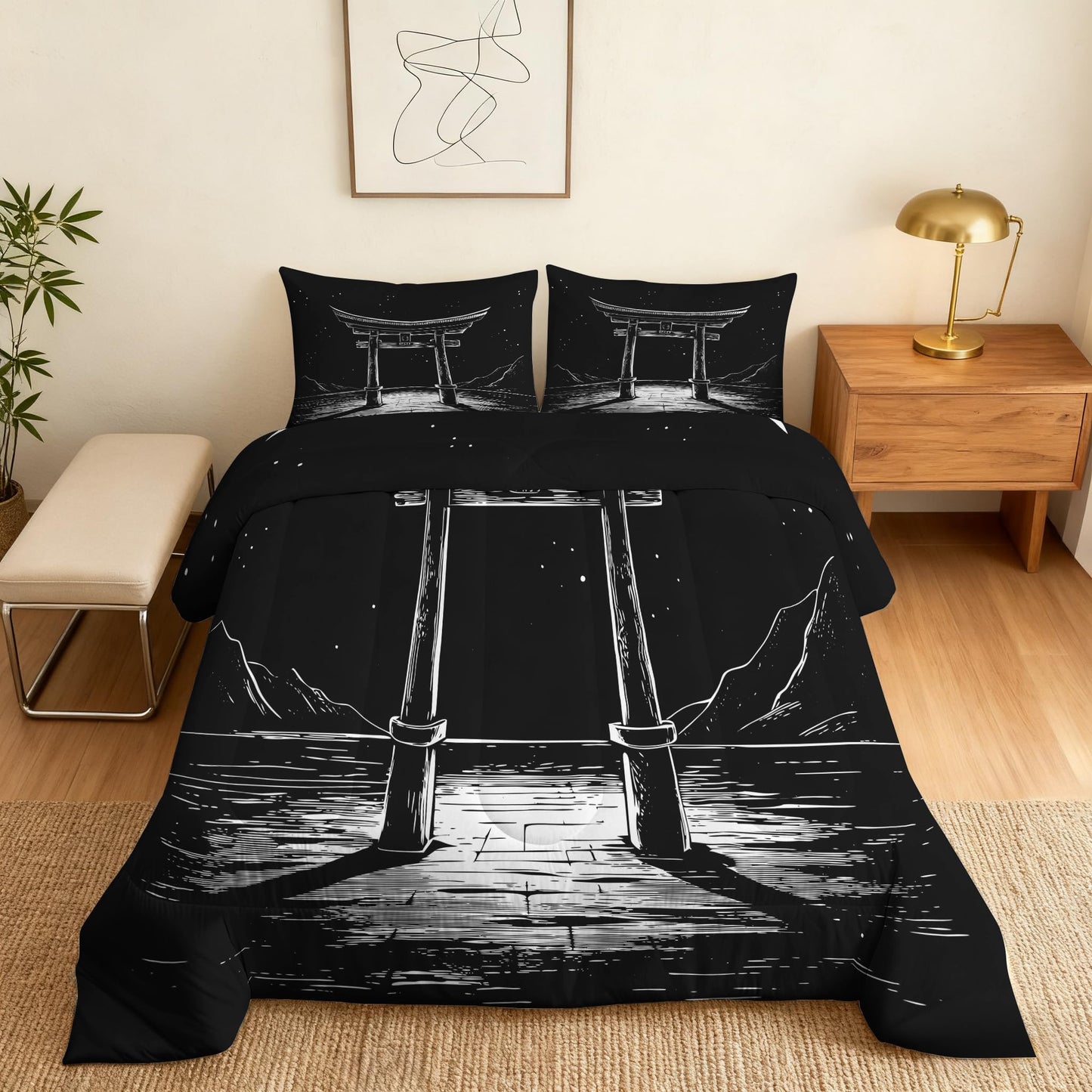 ZDABAOEC Japanese Twin Comforter Set 2 Piece, 1 Pillow Sham, Oriental Asian Japan Torii Gate Reversible Down Alternative All Season Bedding, Soft Microfiber, Japanese Bedroom Decor