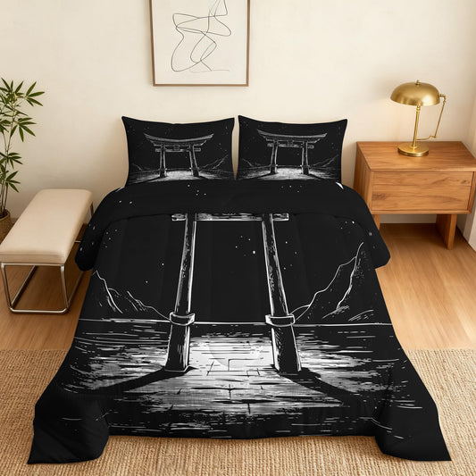 ZDABAOEC Japanese Twin Comforter Set 2 Piece, 1 Pillow Sham, Oriental Asian Japan Torii Gate Reversible Down Alternative All Season Bedding, Soft Microfiber, Japanese Bedroom Decor