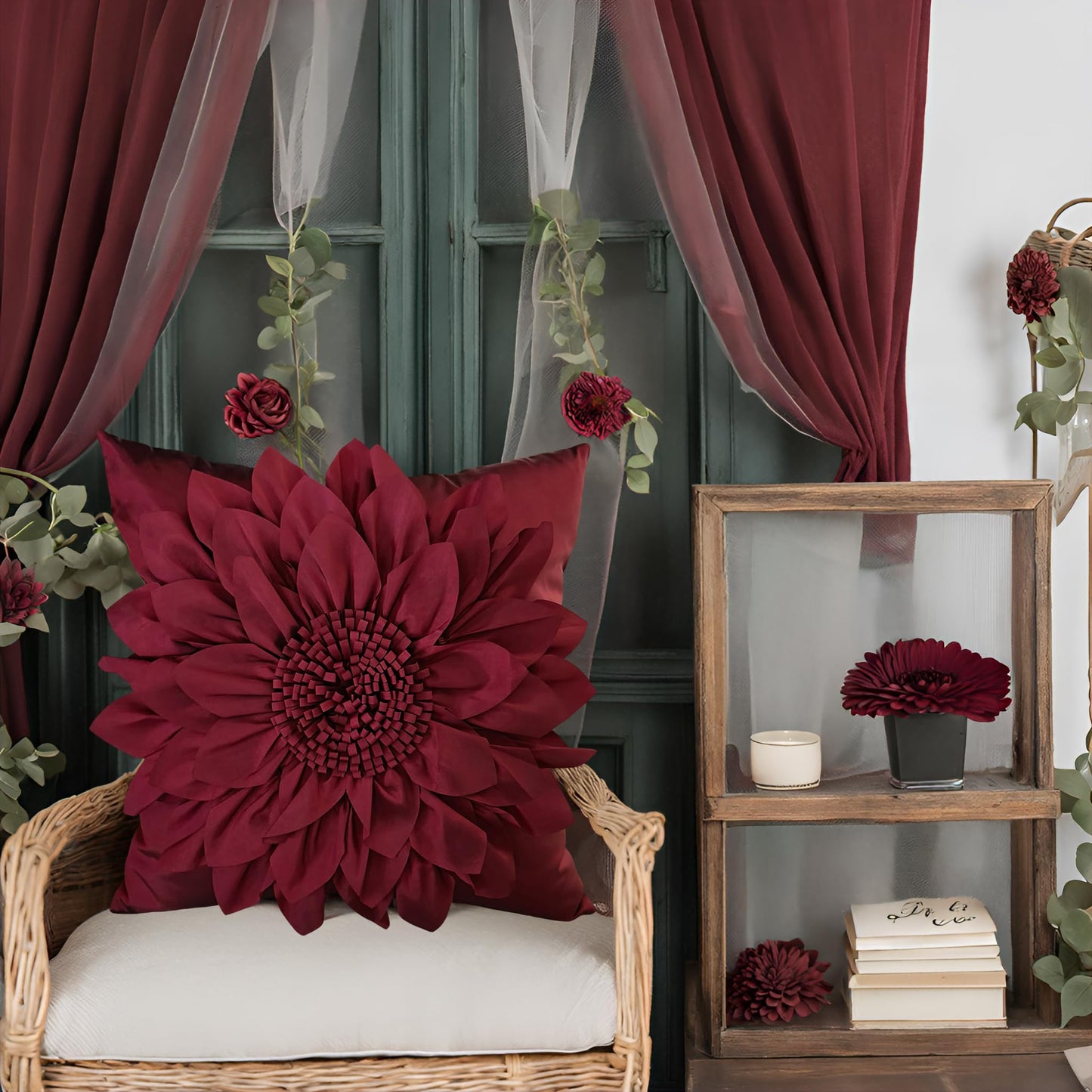 Bella's Giftshop 3D Sunflower Decorative Throw Pillow Covers for Bed Sofa Couch Car, Accent Floral Taffeta Cushion Cover, Handmade Pillow Cases Living Room Decor, 17x17 Inch-Burgundy