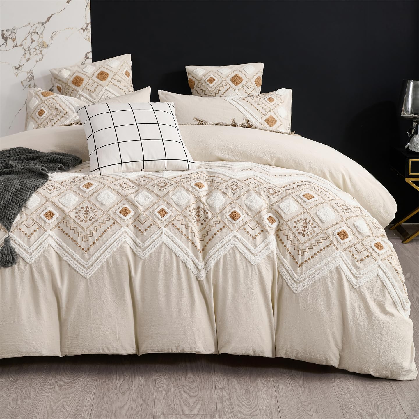 MASINISS Premium Linen Textured Cotton Embroidered Boho Duvet Cover King Set, Exclusively Designed for Those Who Pursue Quality Life, Natural Linen Color, 104x90'' 3pcs Set (No Filling)