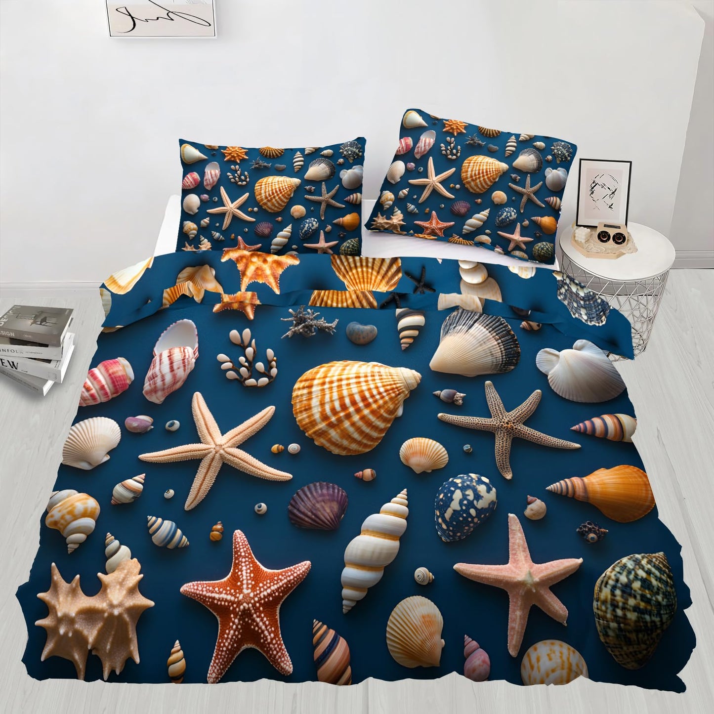 PAISUOQ Ocean Duvet Cover King, Deep Ocean Blue Comforter Cover with Zipper Ties, Shells & Starfish Bedding Set, 3 Pieces with 2 Pillow Cases, Home Decor & Gifts