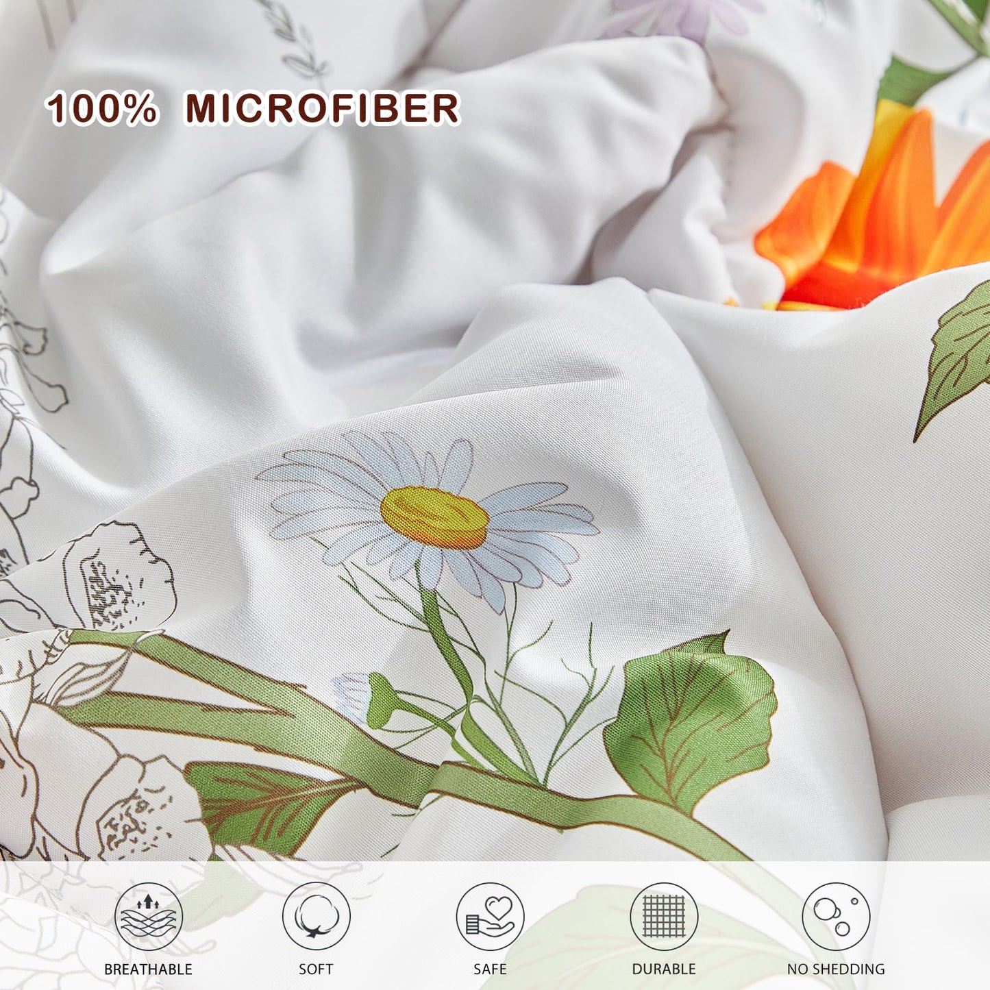 Joyreap 6 Piece Bed in a Bag Twin, Floral Comforter Sheet Set, Orange n Yellow Flowers on White Design, All Season Microfiber Bedding Comforter Set