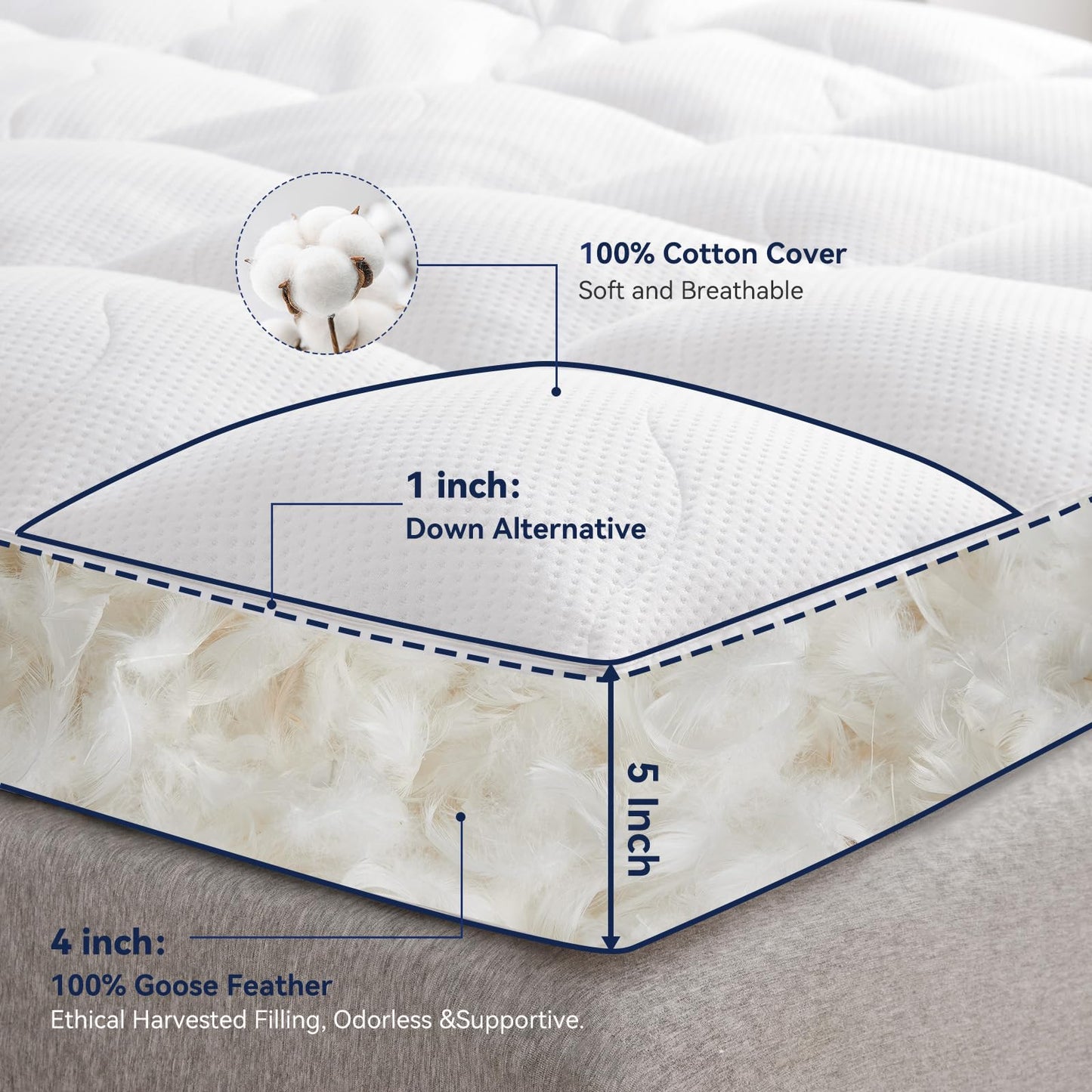 LeWinBedding Dual Layer 5 Inch Goose Feather Mattress Topper Queen Size, 4 Inch Goose Feather Plus 1 Inch Down Alternative Pillow Top, Medium Firm Featherbed with Adjustable Straps(60"x80", Wavy)