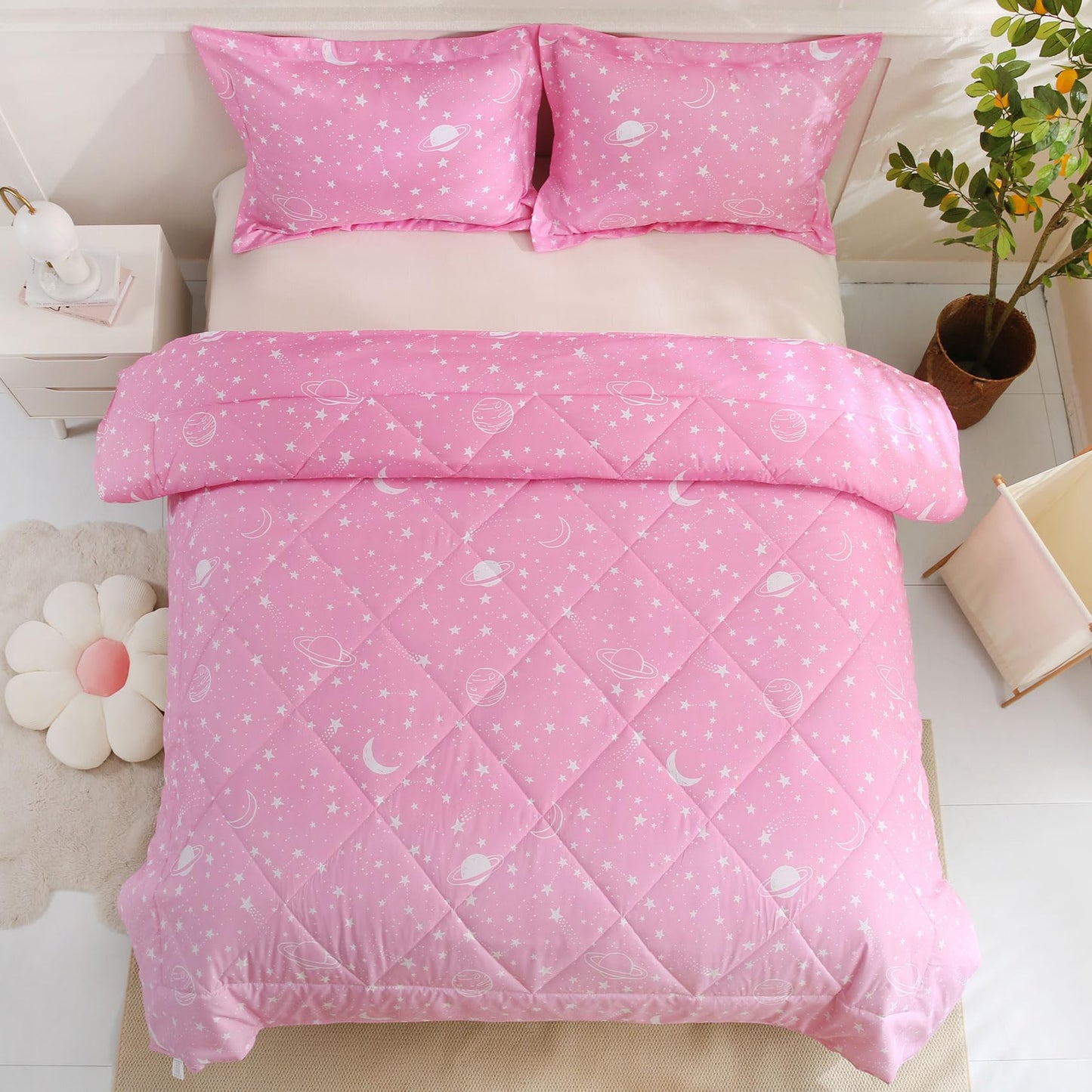 JSD Gradient Pink Stars Kids Comforter Set Twin Size, 2 Piece Space Theme Girls Printed Microfiber Bedding Set, Machine Washable