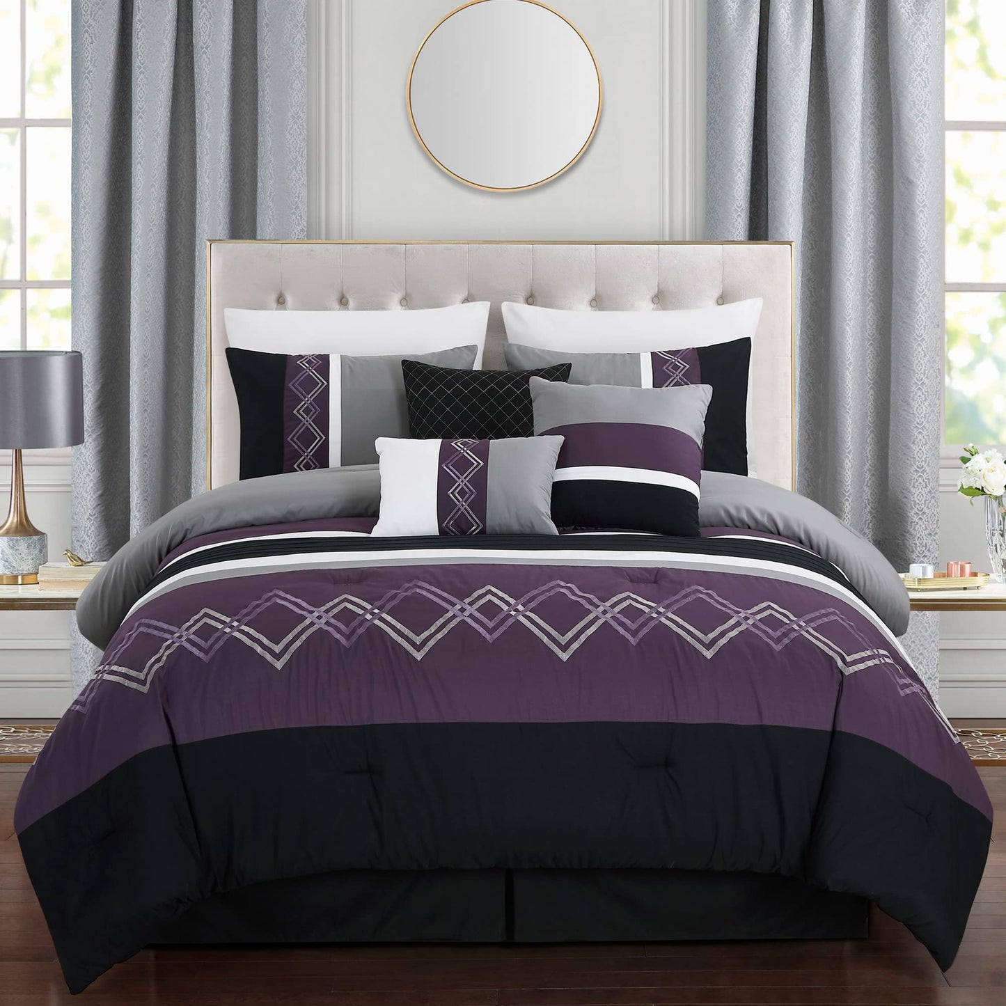 Chezmoi Collection Arden 7-Piece Modern Pleated Stripe Embroidered Zigzag Bedding Comforter Set (King, Purple/Black/Gray/White)