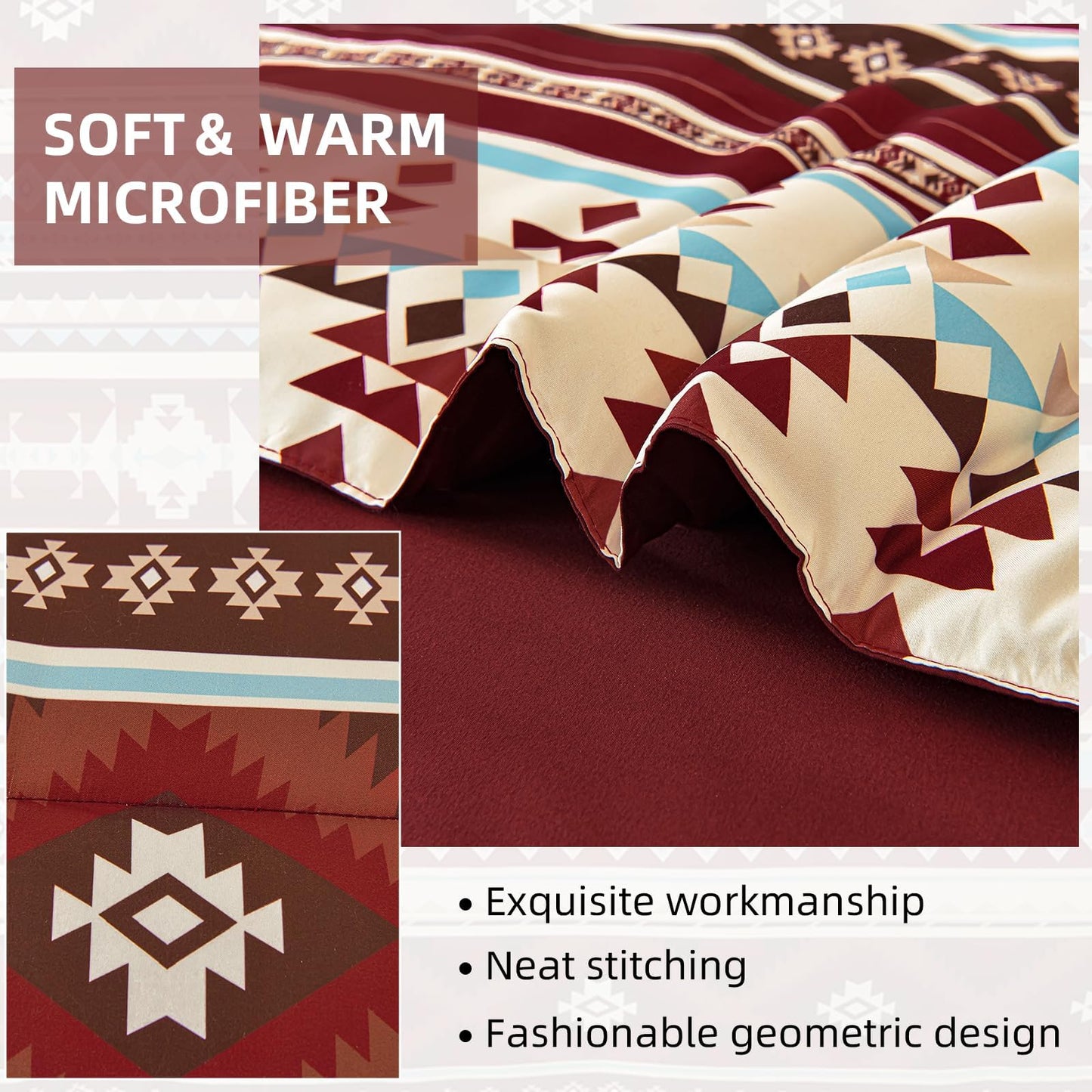Dinjoy Red Boho Comforter Set Queen,7 Piece Bed in a Bag Queen Size Soft Aztec Bedding Sets with Sheets Bohemian Striped Bed Set Western Burgundy for Fall Winter 90"x90"