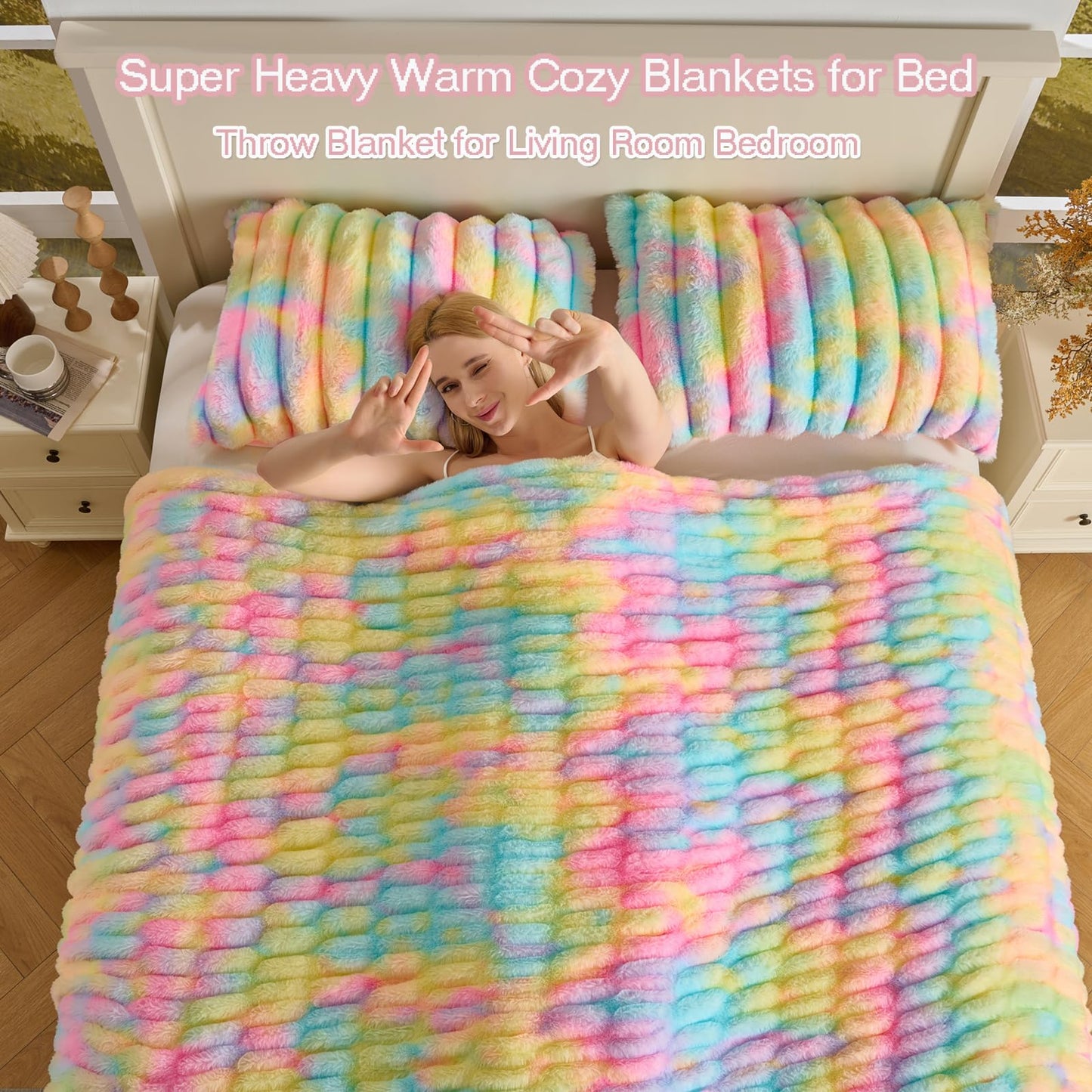 Double Side Faux Fur Throw Blanket,Cozy Soft Fuzzy Fluffy Faux Rabbit Fur Blanket for Couch, Bed, Sofa,Room Decor-Rainbow,50x60 inch