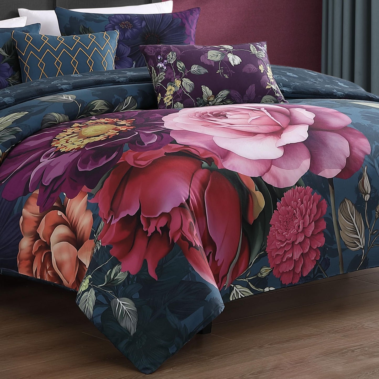 Bebejan Vibrant Flora 5 Piece Comforter Set, 100% Cotton Sateen, 220 Thread Count, Reversible Bedding Comforter Set, 1 Comforter, 2 Shams & 2 Pillows (King/Cal King)