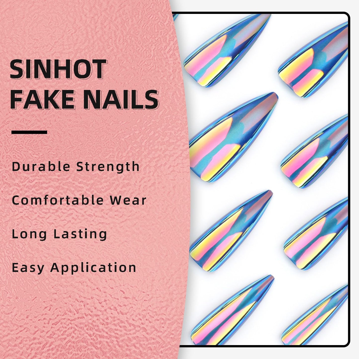 SINHOT Stiletto Press on Nails Long - Long Fake Nails, Glossy Finish, Blue Cat Eye & Chrome, DIY Artificial False Nail Art - 24 Pcs Nail Kit with Glue