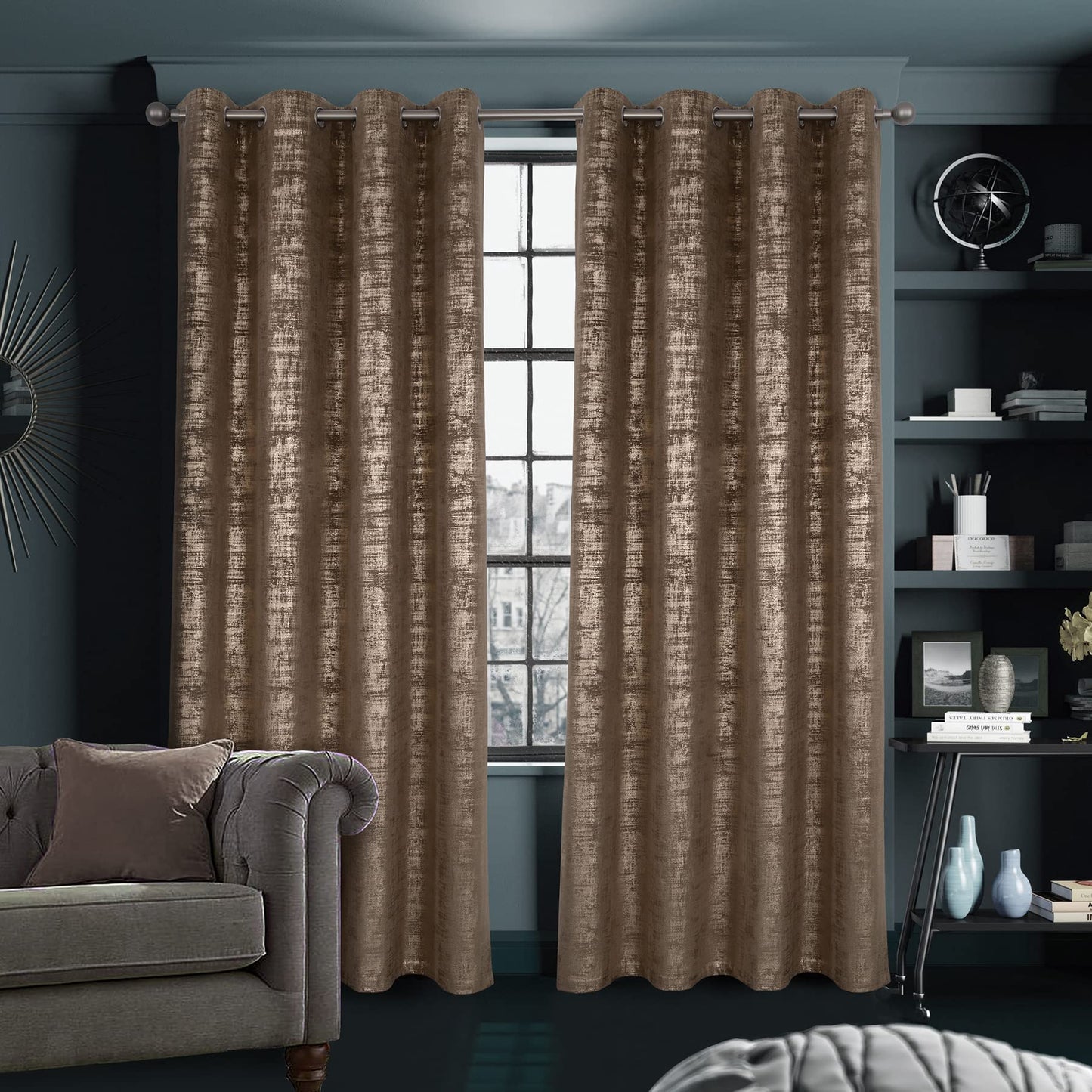 always4u Mocha Soft Velvet Curtains 95 Inch Length Luxury Bedroom Curtains Gold Foil Print Window Treatments for Living Room Bedroom Set of 2