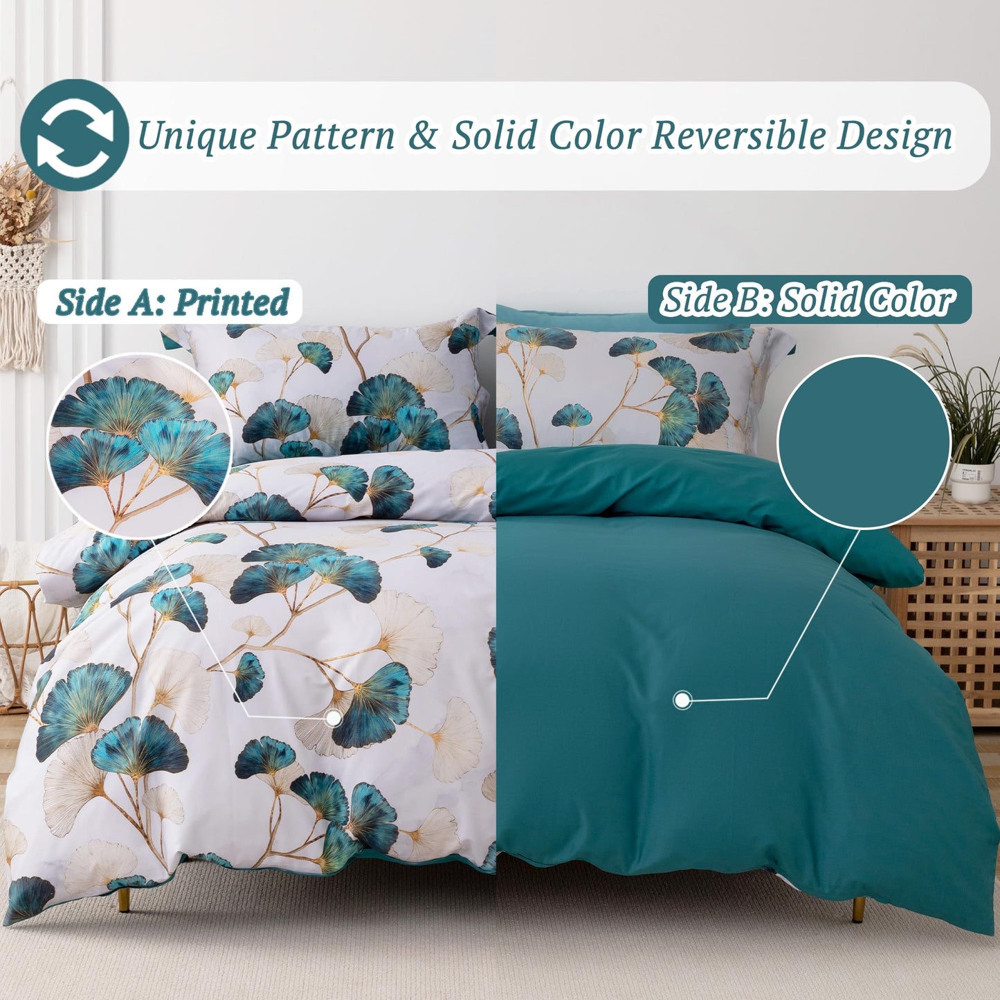 MILDLY 100% Long-Staple Cotton Duvet Cover Set Teal Green Gingko Leaf Pattern Printed Comforter Cover 3pcs, Ultra Soft & Breathable Bedding Set