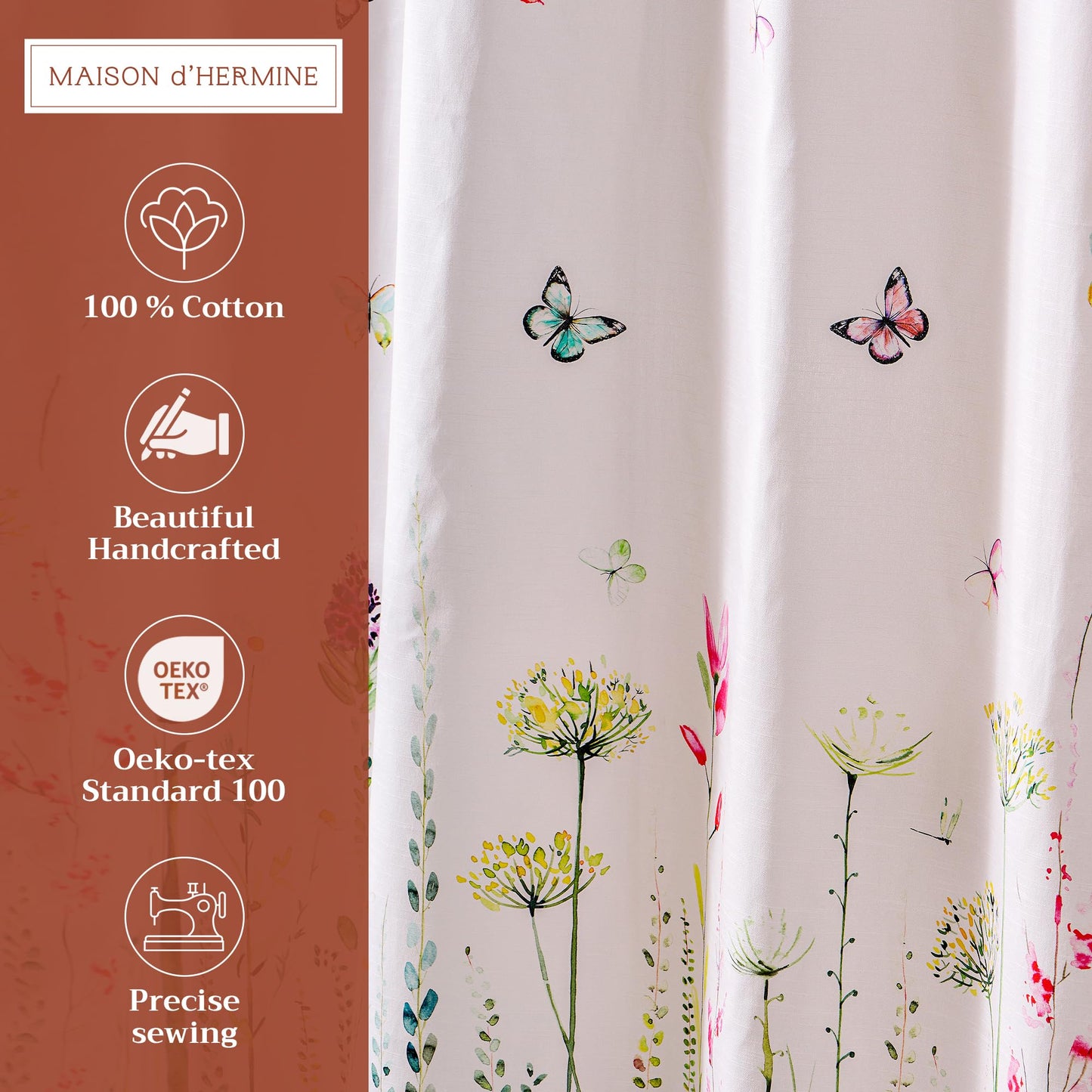 Maison d' Hermine Shower Curtain 100% Cotton One Panel 70"x72" Washable Fabric Shower Curtains for Bathroom, Easy Hanging with 12 Button Holes - Home Hotel Resort Spa Spring Summer - Botanical Fresh