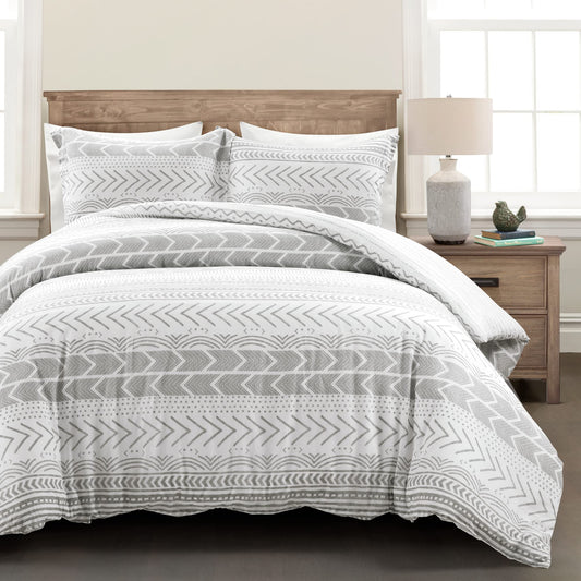 Lush Decor Hygge Geo Reversible 3 Piece Cotton Duvet Set, Full/Queen, Gray & White