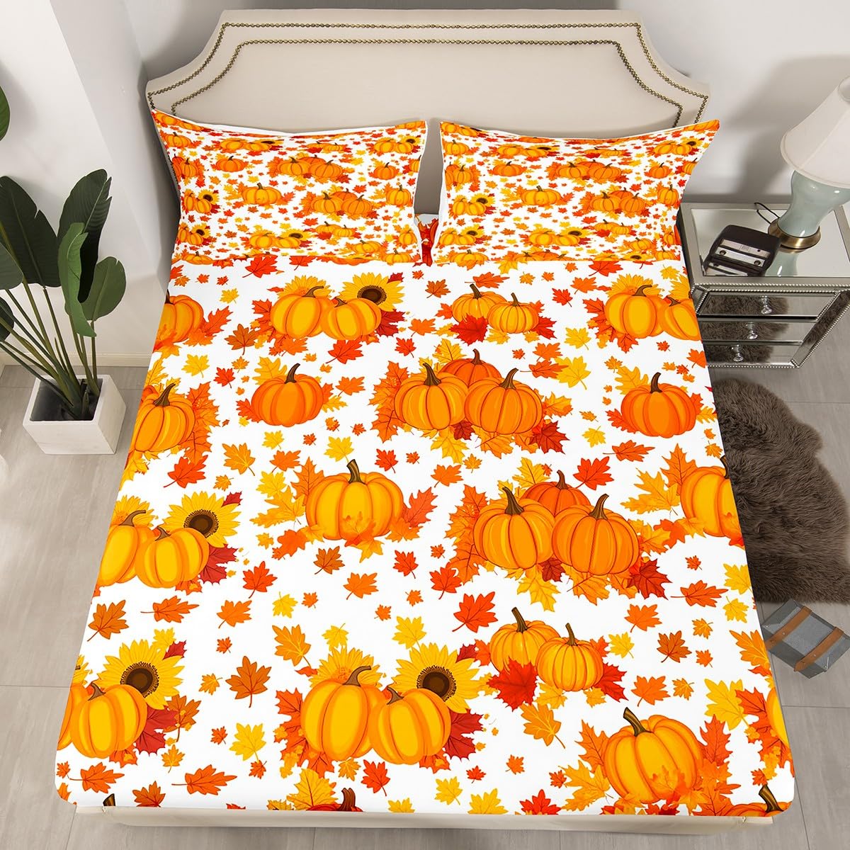 Fall Pumpkin Bed Sheets Queen Autumn Maple Leaves Bedding Set Thanksgiving Harvest Season Decor Sheet Set For Home,Rustic Farmhouse Sunflower Fitted Sheet Orange White Flat Sheet + 2 Pillow Cases