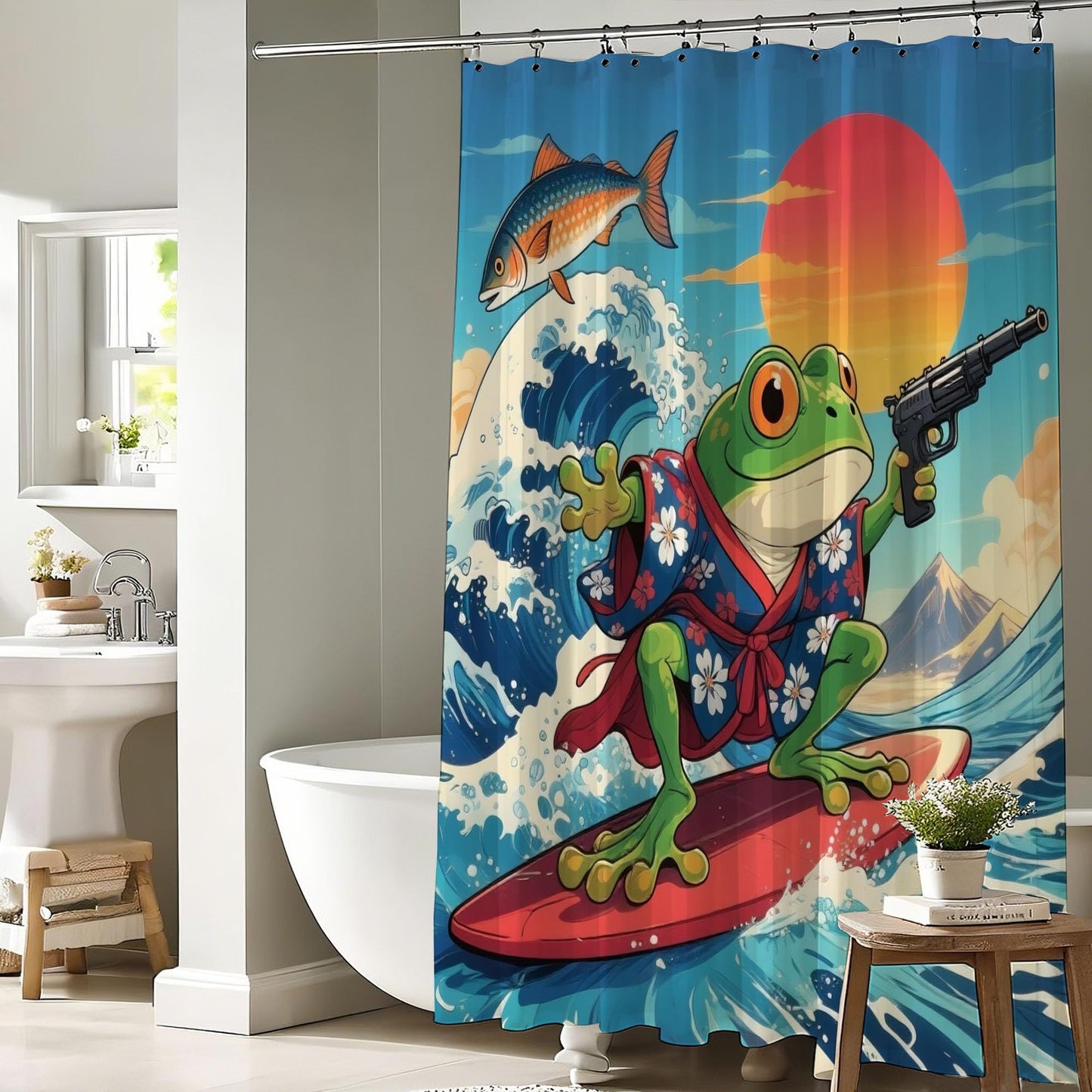 Pakena Funny Japanese Frog Surf Ocean Shower Curtain Ocean Kraken Fish Nautical Shower Curtains Set Cool Animal Blue Sea Waves Summer Beach Coastal Bath Curtain Kids Fun Bathroom Decor 60x72 Inch