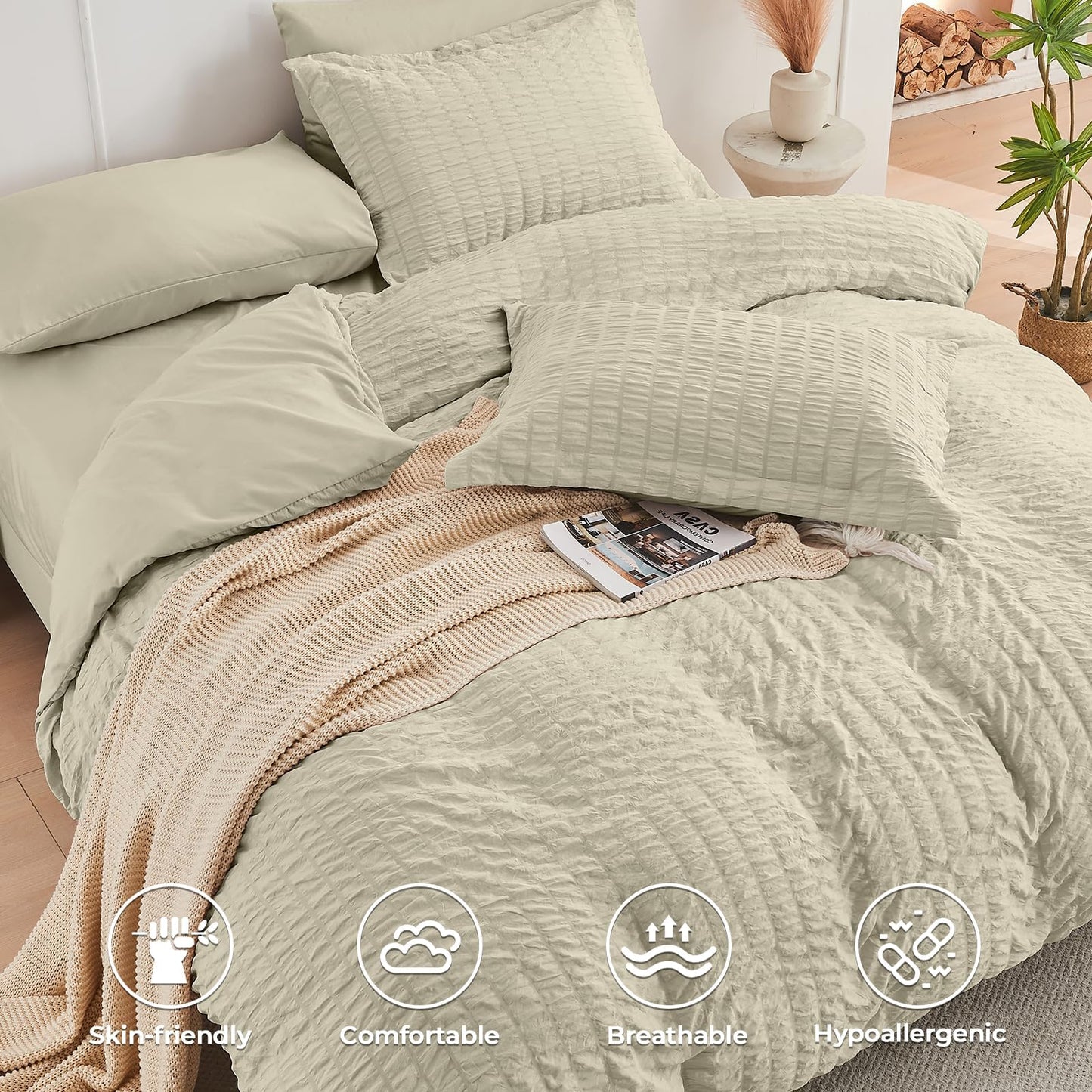 HYMOKEGE Light Linen Twin Comforter Set Seersucker 5 Pieces, All Season Luxury Bed in a Bag for Bedroom, Bedding Set with Comforter, Sheets, Pillowcase & Sham
