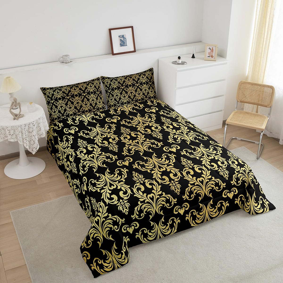 Feelyou Jacquard Bedding Set,Twin Size Floral Comforter Set for Adults & Teens,Boho Damask Duvet Set with Black & Gold Quilt,2Pcs