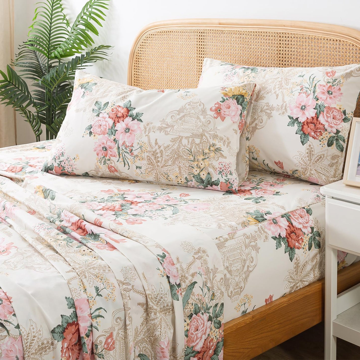 Zusbest- Queen Sheets, Soft 100% Cotton Pink & Cream Floral Bed Sheets,Shabby Vintage Chic Peony Flower Printed Sheets, Breathable Luxury Bedding 4 Piece Deep Pocket Sheets