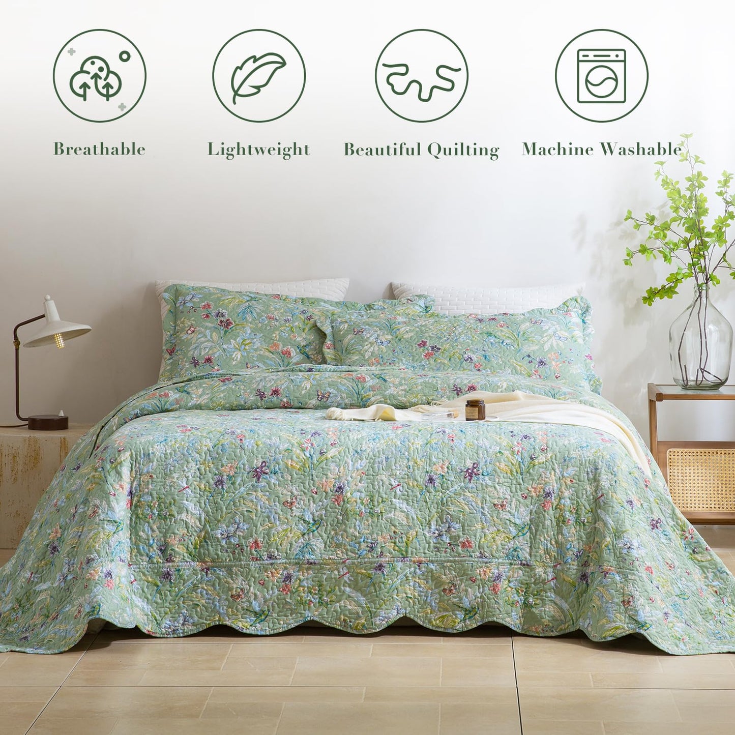 Masaca Oversized King Bedspread 128"x120",Green Floral Quilt Set Oversized 3Pcs Lightweight Flower Bird Butterfly Print Botanical Scallop California King Size Bedding Coverlet Extra Large