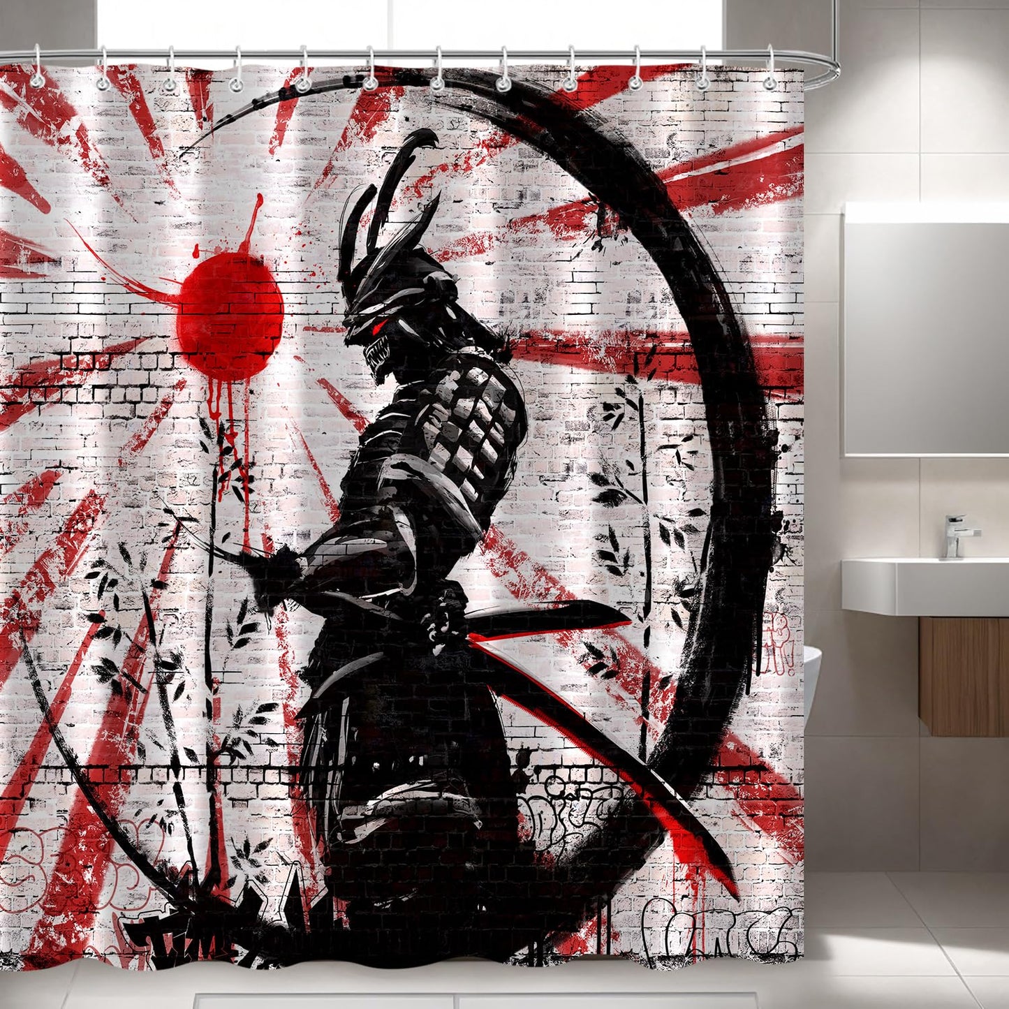 iTapnoom Japanese Samurai Shower Curtain, Asian Japan Cool Anime Red and Black Men Shower Curtains Set Sun Moon Art Fabric for Bathroom Decor Bath Accessories with Hooks 72X72 inch