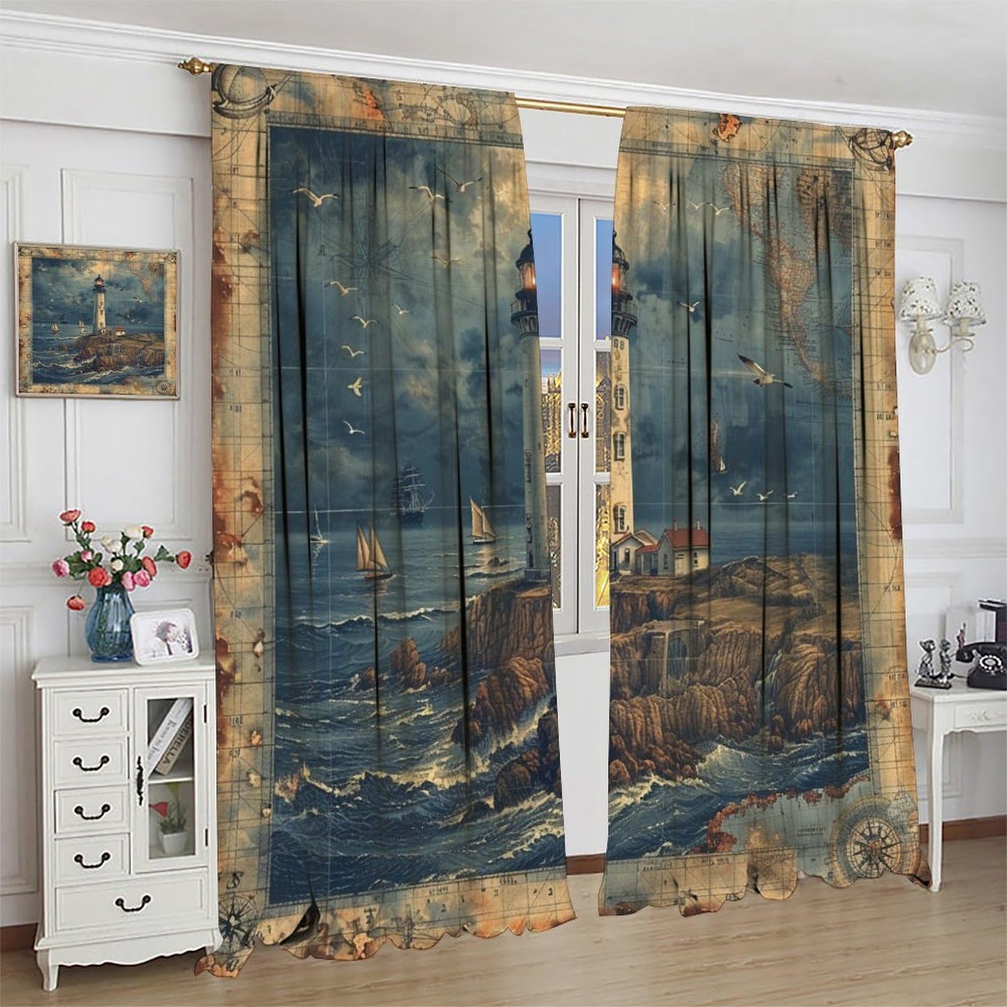 TOWINSFB Nautical Lighthouse Sailboats Blackout Curtains, Compass Ocean Island Home Decor Rod Pocket Window Drapes for Living Room Bedroom - 42" W x 45" L