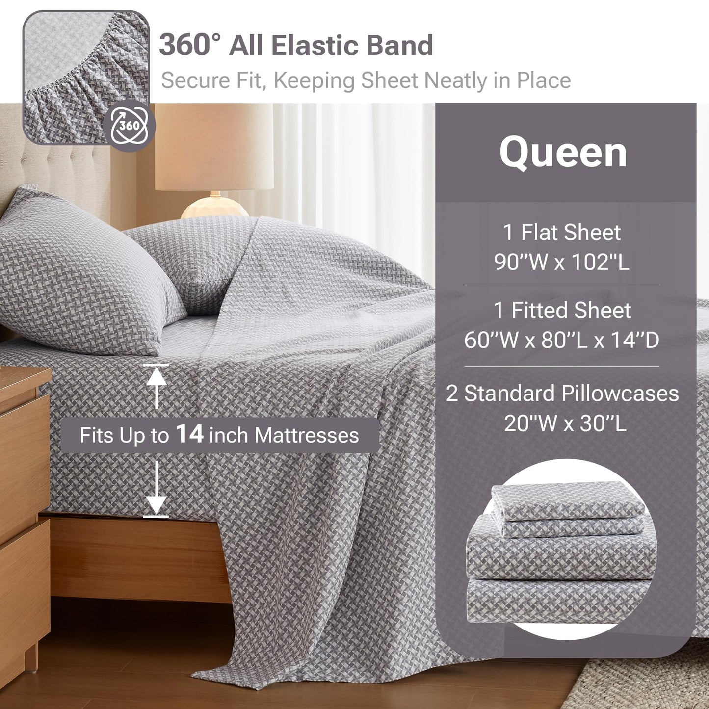 True North by Sleep Philosophy Cotton Sheet Set Cozy Print 100% Cotton Flannel Sheets Bedding Set, Oversized Sheets, Deep Pocket Fits Up to 14" Mattress Queen Bed Sheets Queen Snowflake 4 Piece