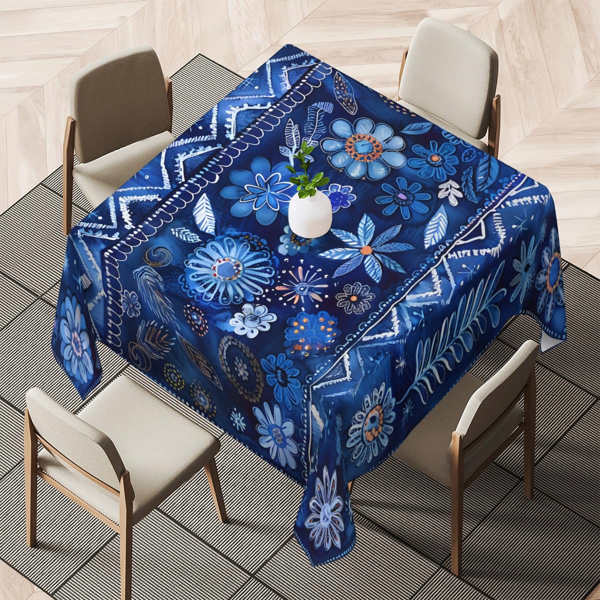 LCLJJDMBM Square Vinyl Stain-Resistant Tablecloth with Tribe,Waterproof Oil-Proof Wipeable Table-Cover,Party Picnic Dinner Decor BBQ 52'' Decorative Pattern Blue Flower