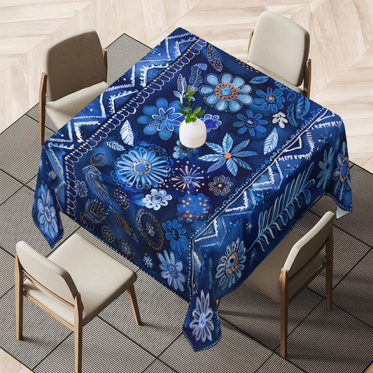 LCLJJDMBM Square Vinyl Stain-Resistant Tablecloth with Tribe,Waterproof Oil-Proof Wipeable Table-Cover,Party Picnic Dinner Decor BBQ 52'' Decorative Pattern Blue Flower