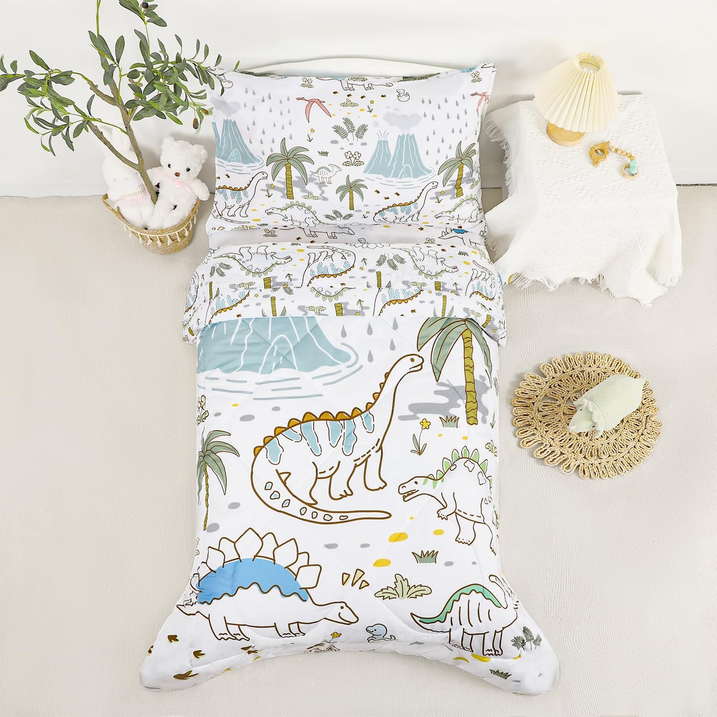 SWESEN Toddler Bedding Set for Boys, Cute Dinosaurs Toddler Boy Bedding Set, Soft & Lightweight 4 Piece Toddler Comforter Sets Include Comforter, Flat Sheet, Fitted Sheet, Pillowcase