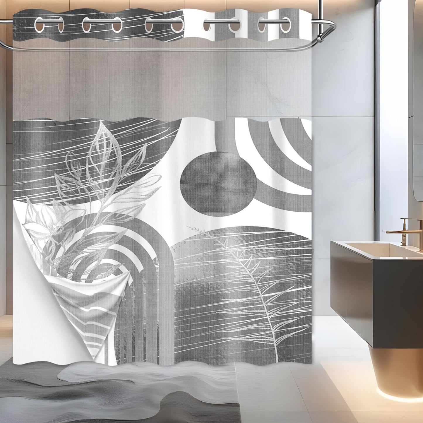 Boho Modern Hookless Shower Curtain, Black Grey White, 71" W x 74" L
