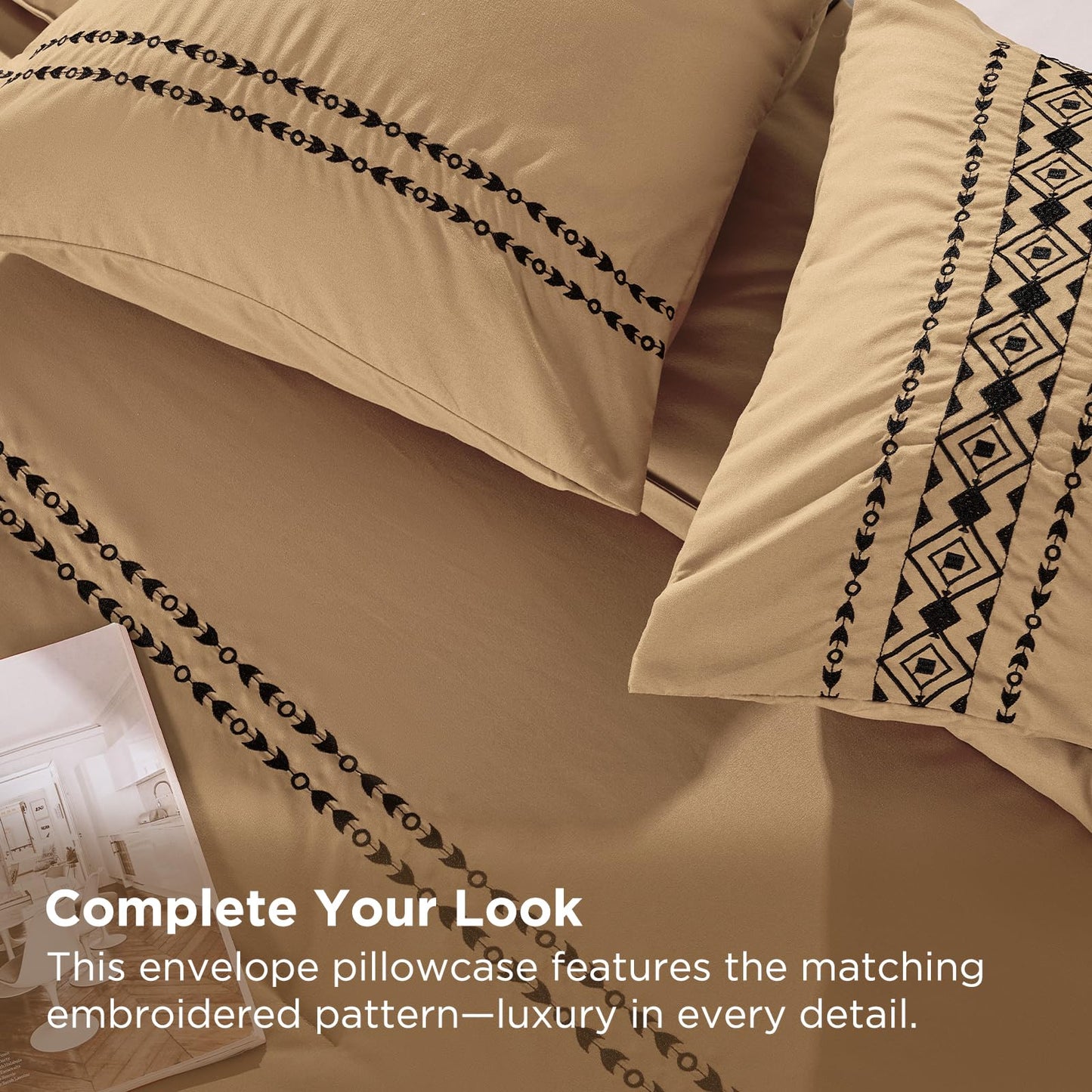 Baskbed Boho Embroidered Bed Comforter Queen Set, 3-Piece Western Shabby Chic Bedding Set - Fluffy Ultra Soft Microfiber with Intricate Design, Includes Comforter & 2 Pillowcases, Khaki(88"x88")
