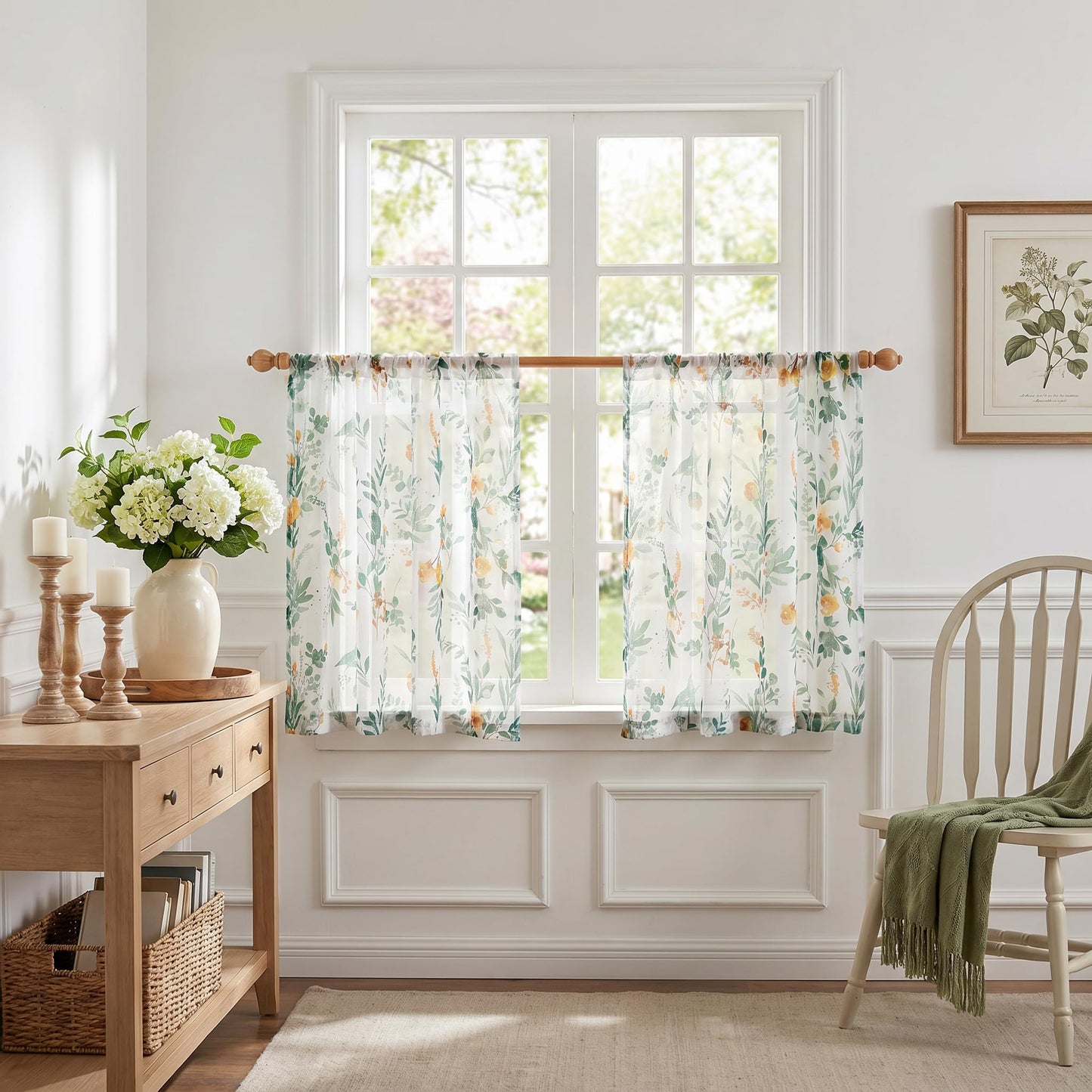 MYSKY HOME Green Sheer Curtains 36 Inches Long 2 Panels Set Country Rustic Floral Design Spring Short Curtains for Windows Rod Pocket Drapes, Each Panel 52" Wide