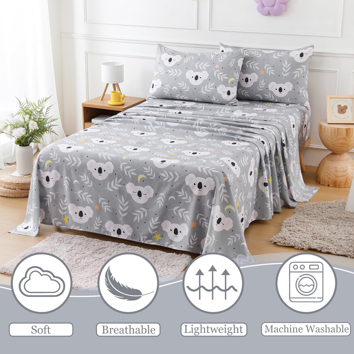 CIMVI Twin Sheets Set for Kids Cute Koala Bed Sheets Boys 3 Pieces Soft Microfiber Bed Sets with Deep Pocket Cartoon Animal Printed for Children