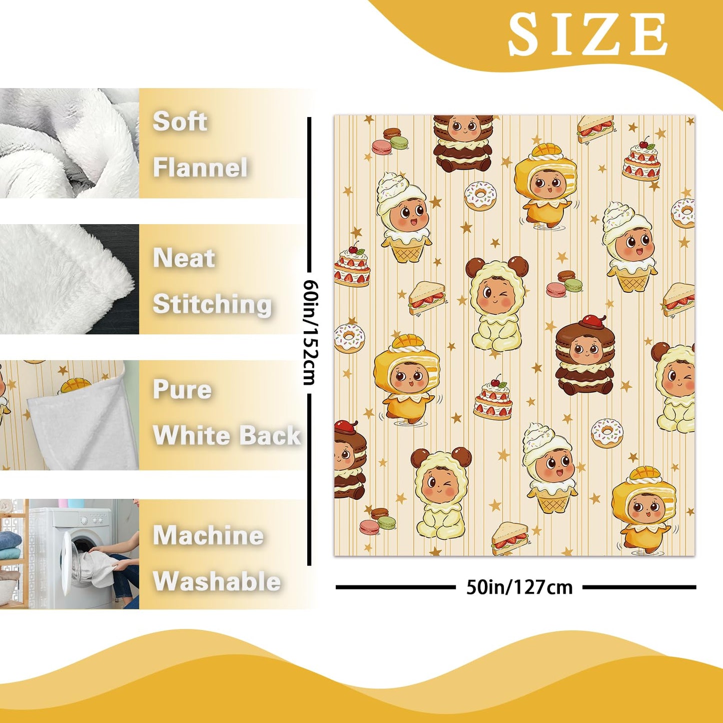 Stology Sweet Dessert Baby Flannel Throw Blanket, Cute Macaron Ice Cream Cake Donut Sandwich Gifts for Kids Toddler Children Teen, Yellow Star Nursery Soft Blankets for Bedding Sofa 50''x60''