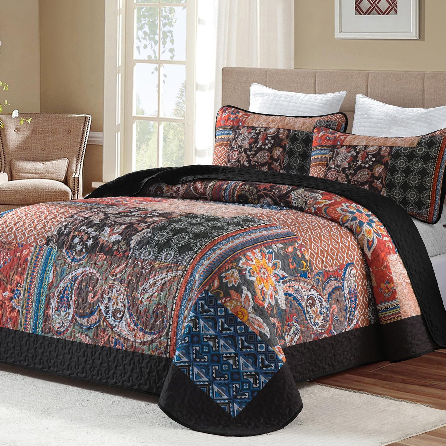 DJY Patchwork Quilt Set King Size Boho Bedspread Coverlet, Black Coral 3 Pieces Paisley Floral Quilted Bedding Set, Lightweight Bohemian Farmhouse Reversible Bed Cover for All Season 110''x90''