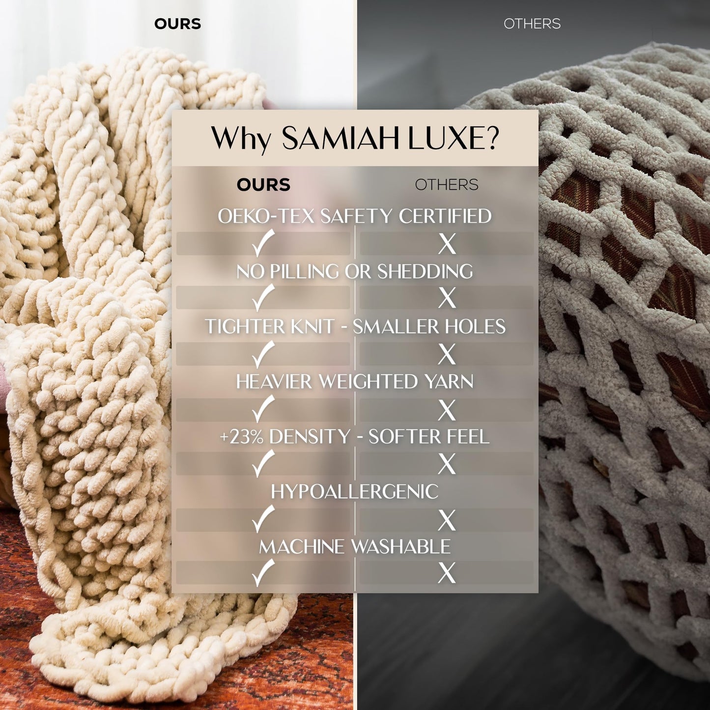 SAMIAH LUXE Chunky Knit Throw Blanket 50x70, Buttercream Cream Chenille Throw Blanket for Couch Bed Sofa, Soft Fluffy Cable Knit Blanket, Oeko-TEX Certified, Machine Washable