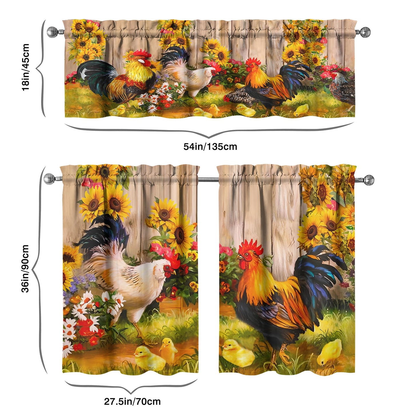 aiwkjdns 3 Piece Chicken Kitchen Curtains and Valances Set for Windows Rooster Kitchen Window Curtains Over Sink Decor 27.5x36 in
