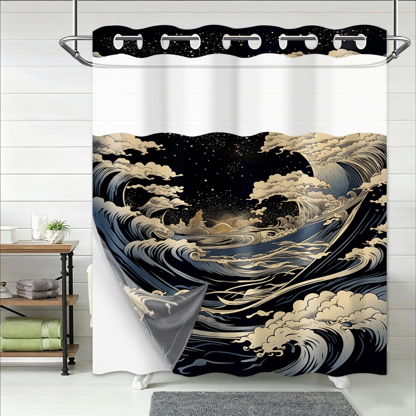 DLTAY Anime Hookless Shower Curtain, Japanese Great Waves, 71" W x 74" L