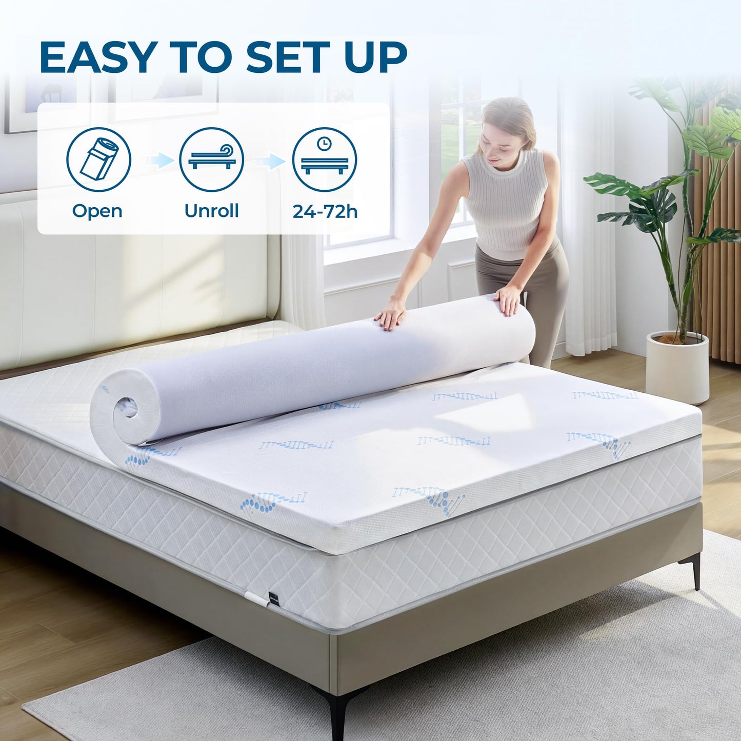 BDEUS 3 Inch Memory Foam Mattress Topper Twin XL Size for College Dorm Room, Soft Mattress Pad for Skin-Hydrating & Back Pain Relief, CertiPUR-US Certified