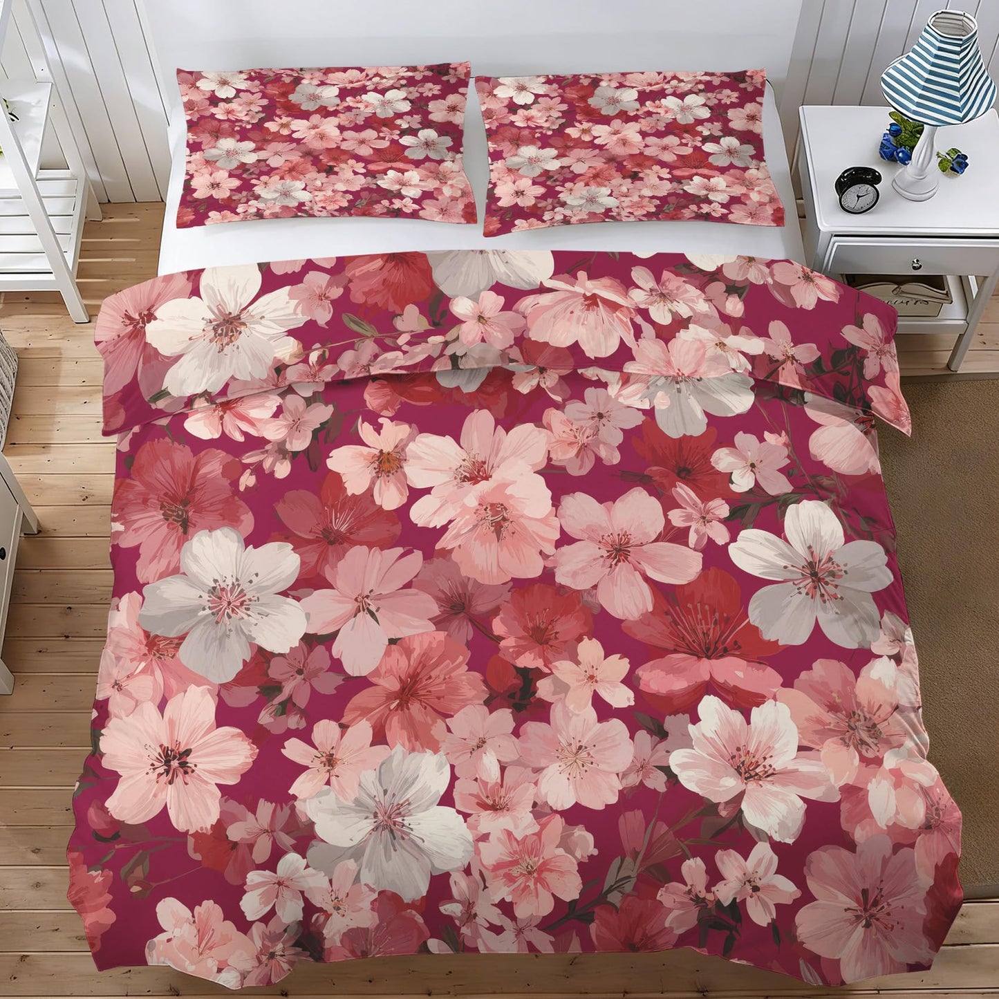 Cherry Blossom Duvet Cover Queen, Burgundy Pink Flower Bedding Set 3 Piece & 2 Pillowcases, Pink Floral Bedroom Decor, Reversible Soft Microfiber, Zipper Ties