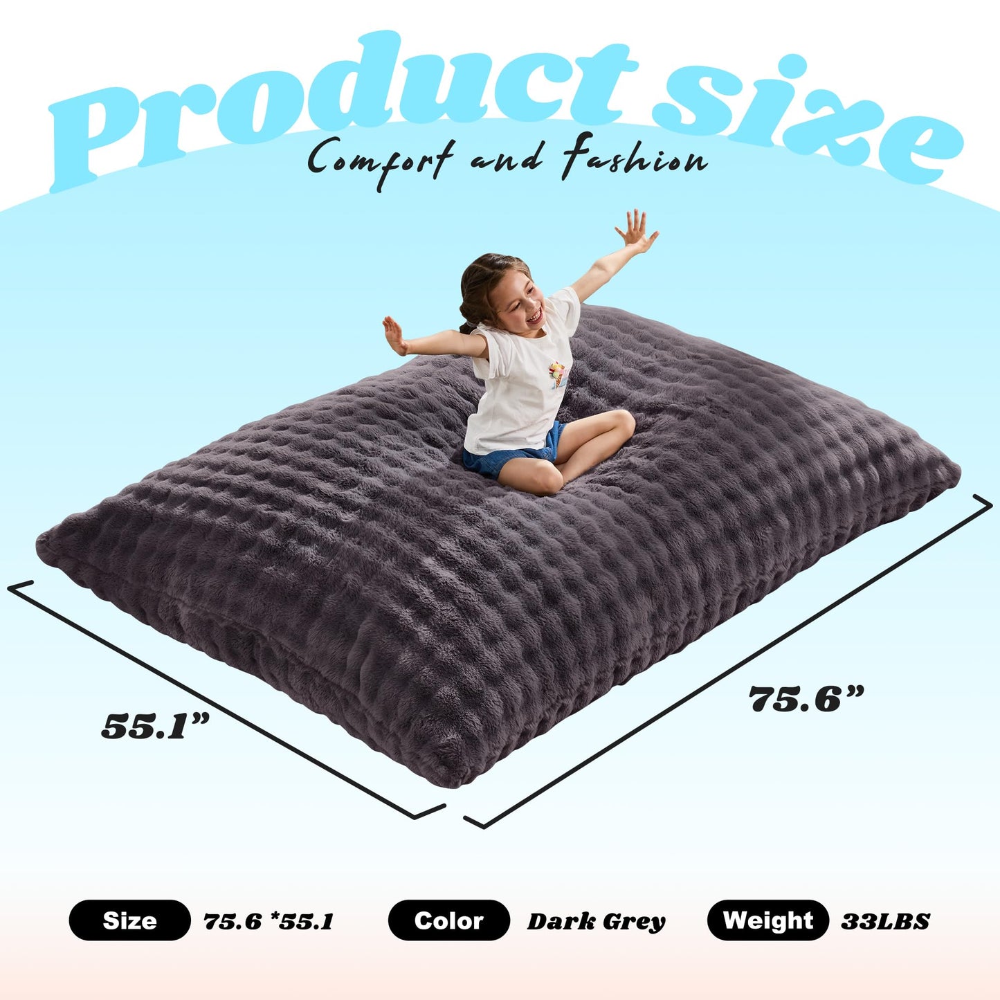 Hobestluk 3 in 1 Bean Bag Chair Giant Bean Bag Chairs for Adults with Bubble Cover Convertible Bean Bag Floor Cushion with Machine Washable Cover for Living Room (Bubble Dark Grey)