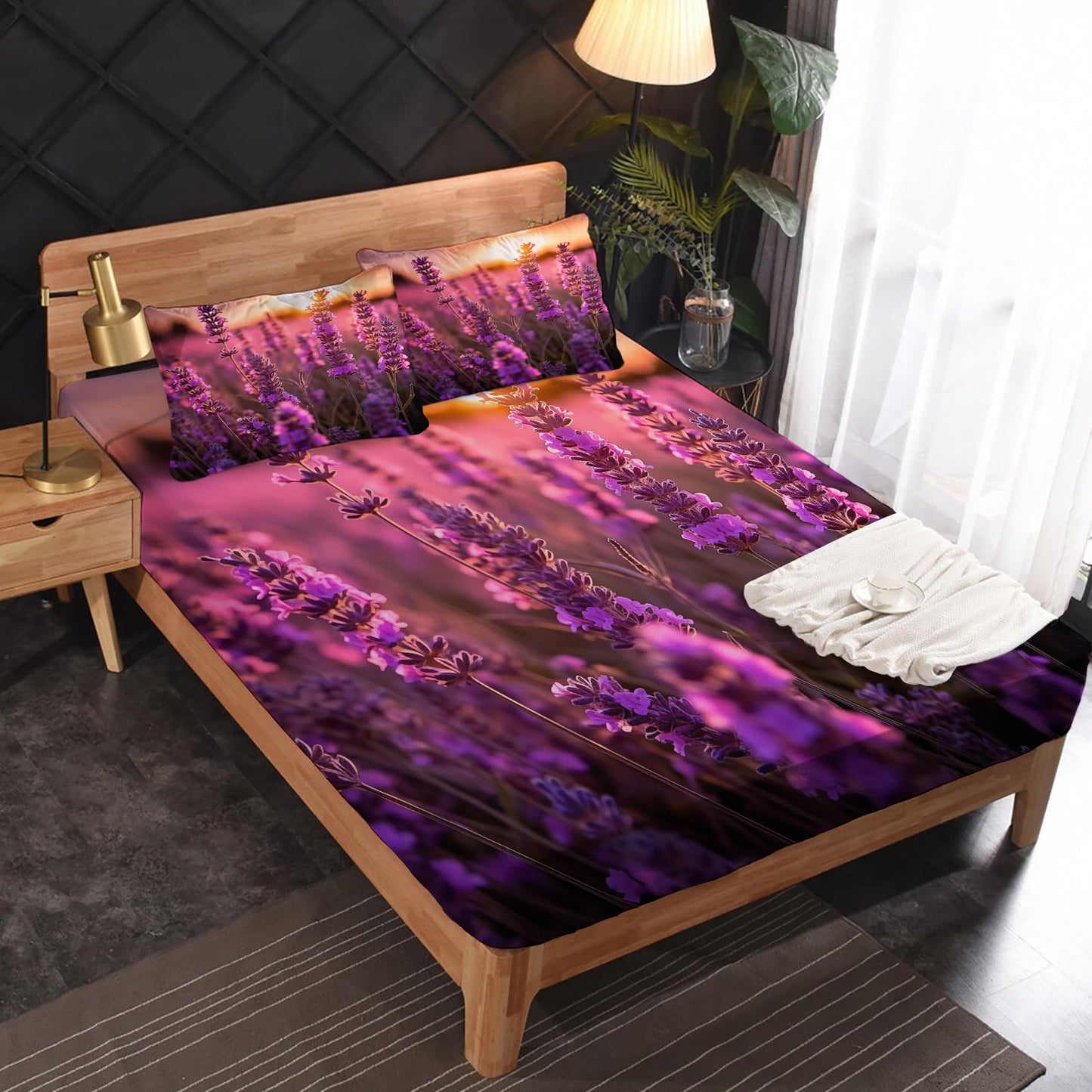 Lavender Floral Sheets King Sheet Sets - Lavender Flower Bed Sheets, Soft Microfiber & Deep Pocket & Wrinkle Free Patterned Bedding Sheets & Pillowcases, 1 Fitted Sheet, 1 Flat Sheet, 2 Pillow Cases