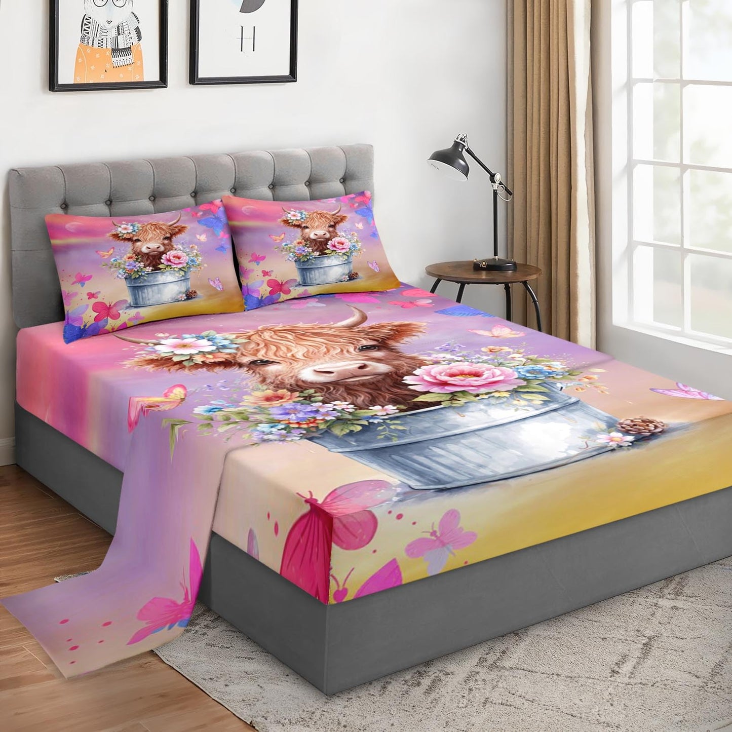 WeCozy 4 Pcs Queen Size Bed Sheet Sets with 2 Pillowcases, Cow Butterfly Floral Soft Microfiber Bedding for Kids and Adults, Boho Highland Cow Flat, Fitted Sheet for Bedroom Bed Decor